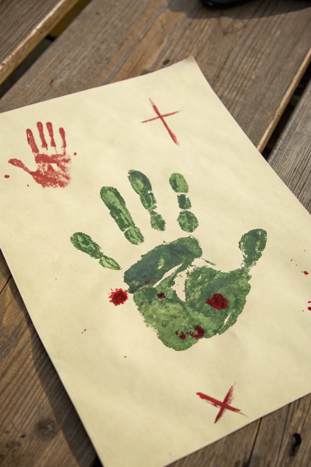 Zombie green handprint finger painting with stitches and red scratches, minimalist spooky fun.