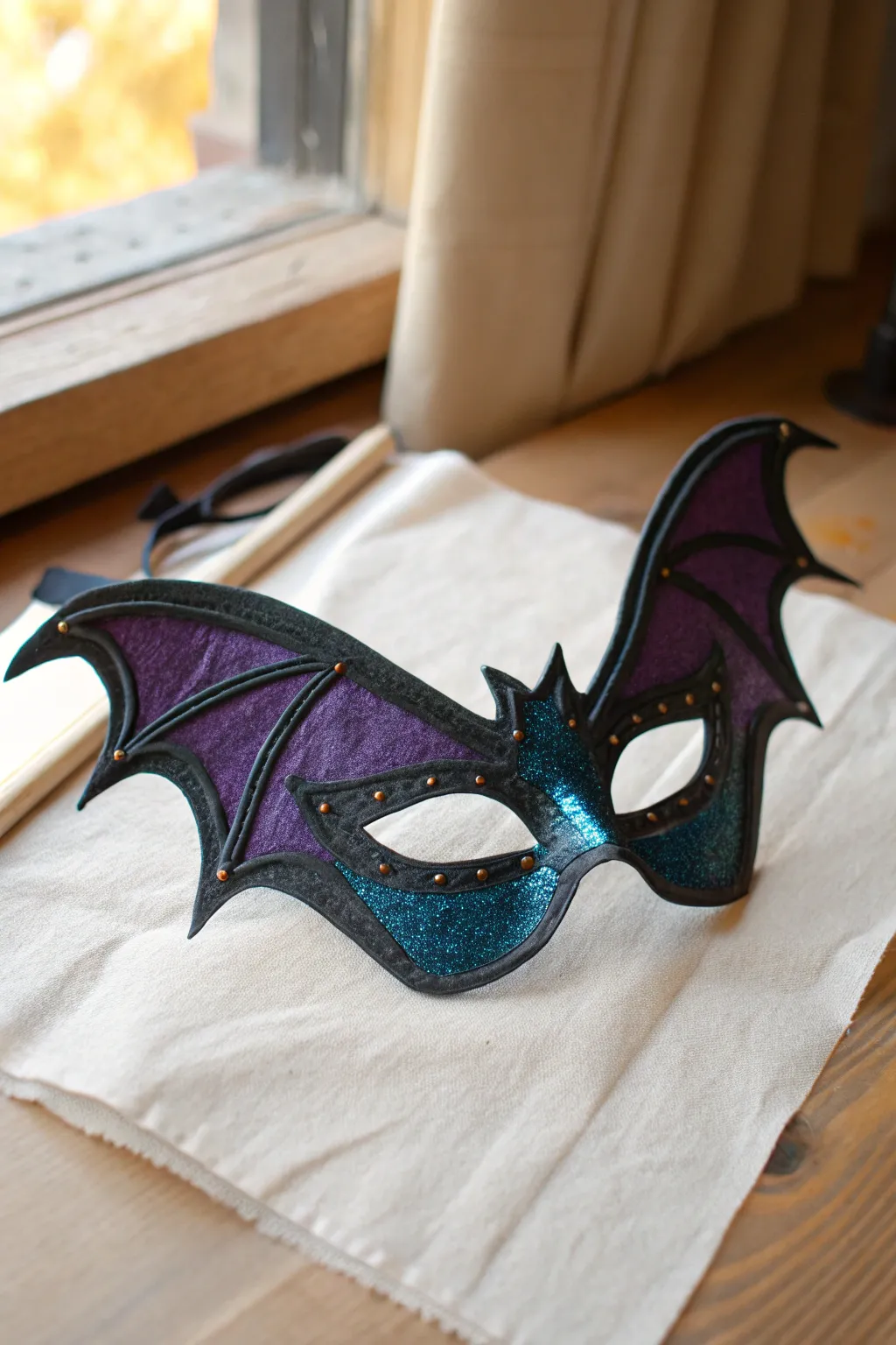 Minimalist bat wing eye mask in black with subtle purple sheen, perfect Halloween paint idea.