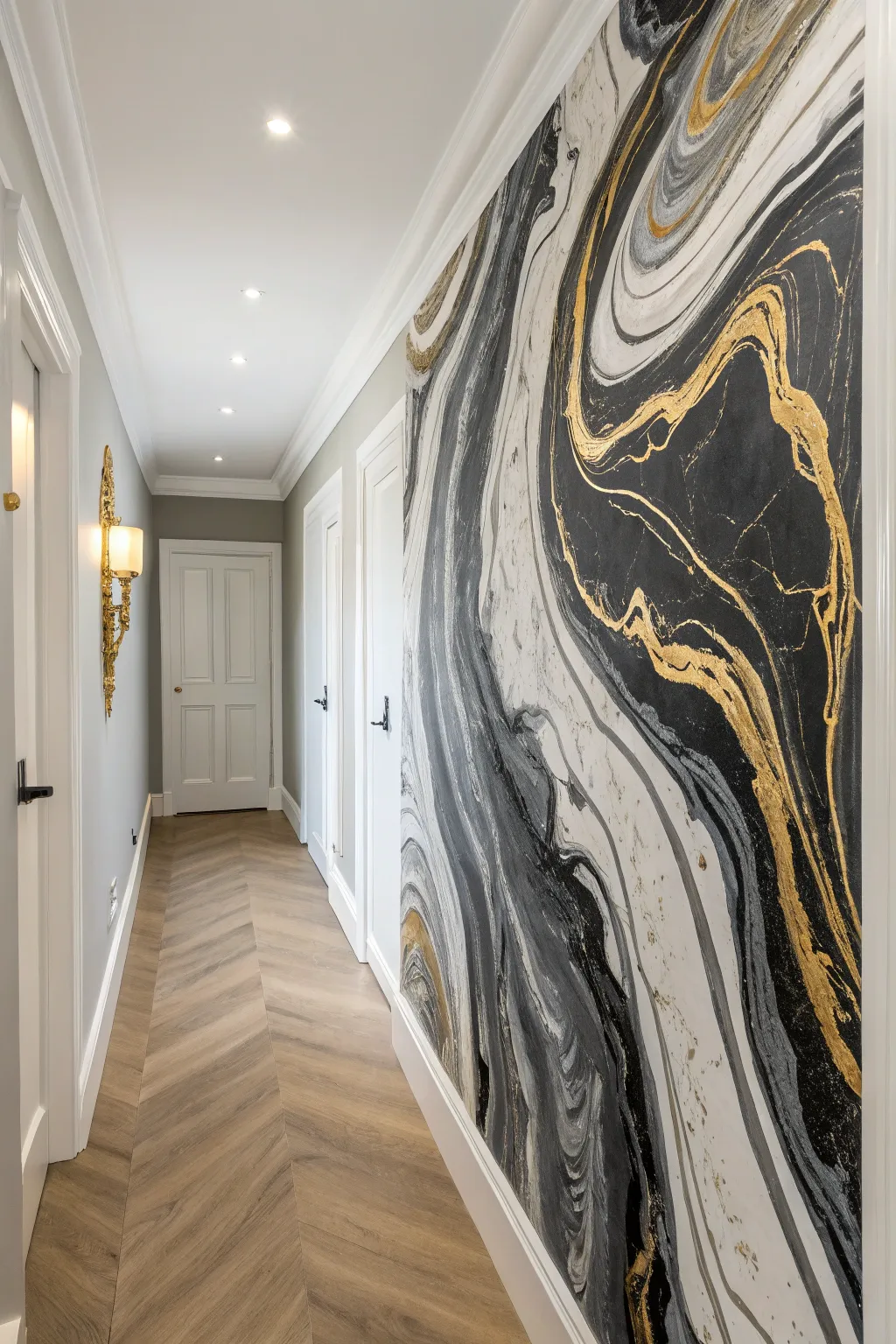 Moody marble swirls with delicate gold accents create a chic, minimalist hallway mural.