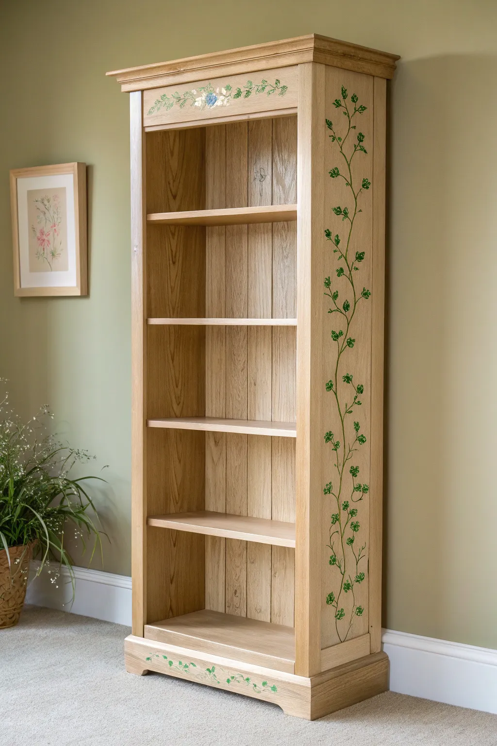Minimal oak bookcase with hand-painted leafy vines, echoed by a trailing plant nearby