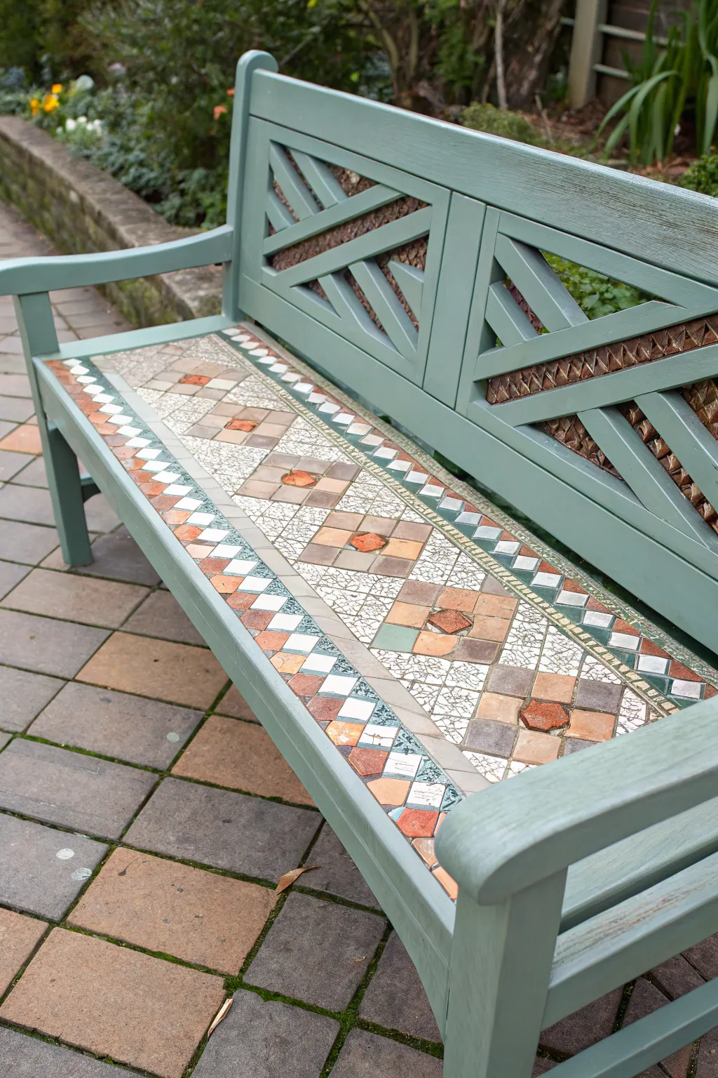 Faux mosaic bench makeover with hand painted tiny tiles and clean grout lines for chic contrast.