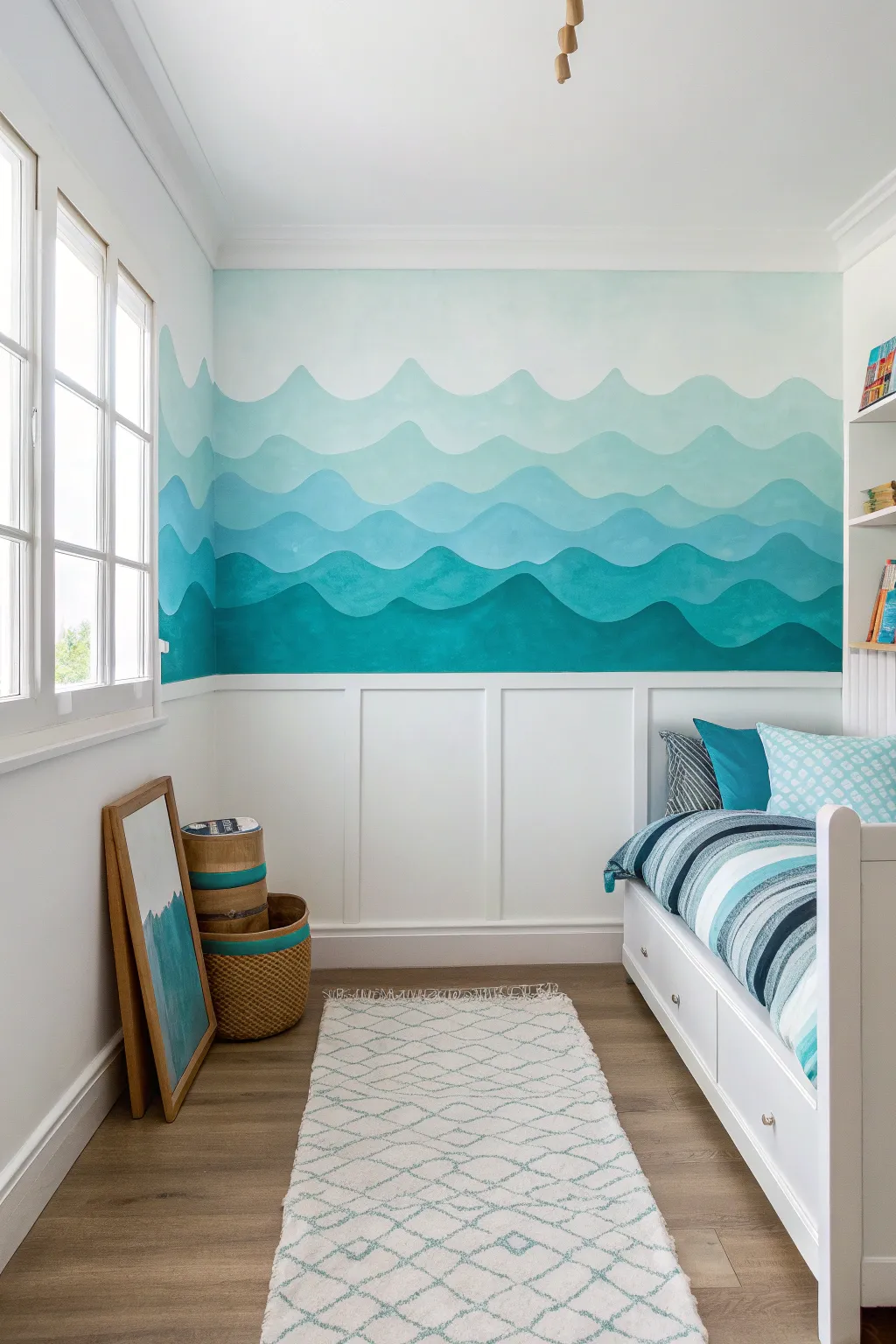 Soft ocean blues meet playful brushstrokes in a simple wave band for a calming kids room.