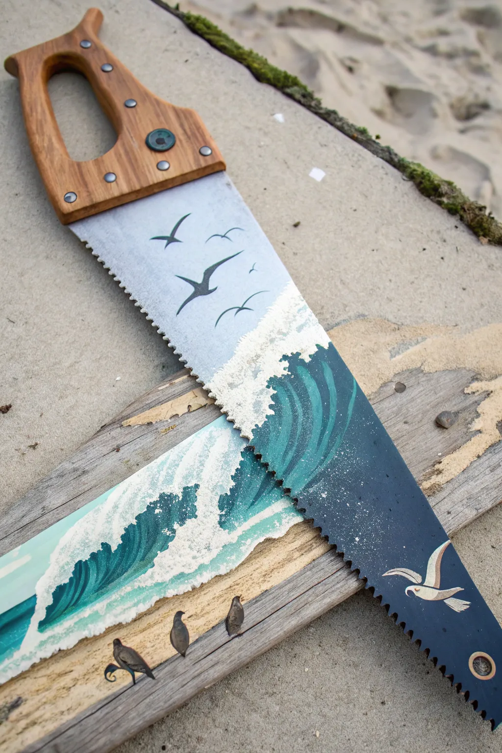 Minimal coastal wave hand saw art with tiny shore birds, calm boho Scandinavian style.