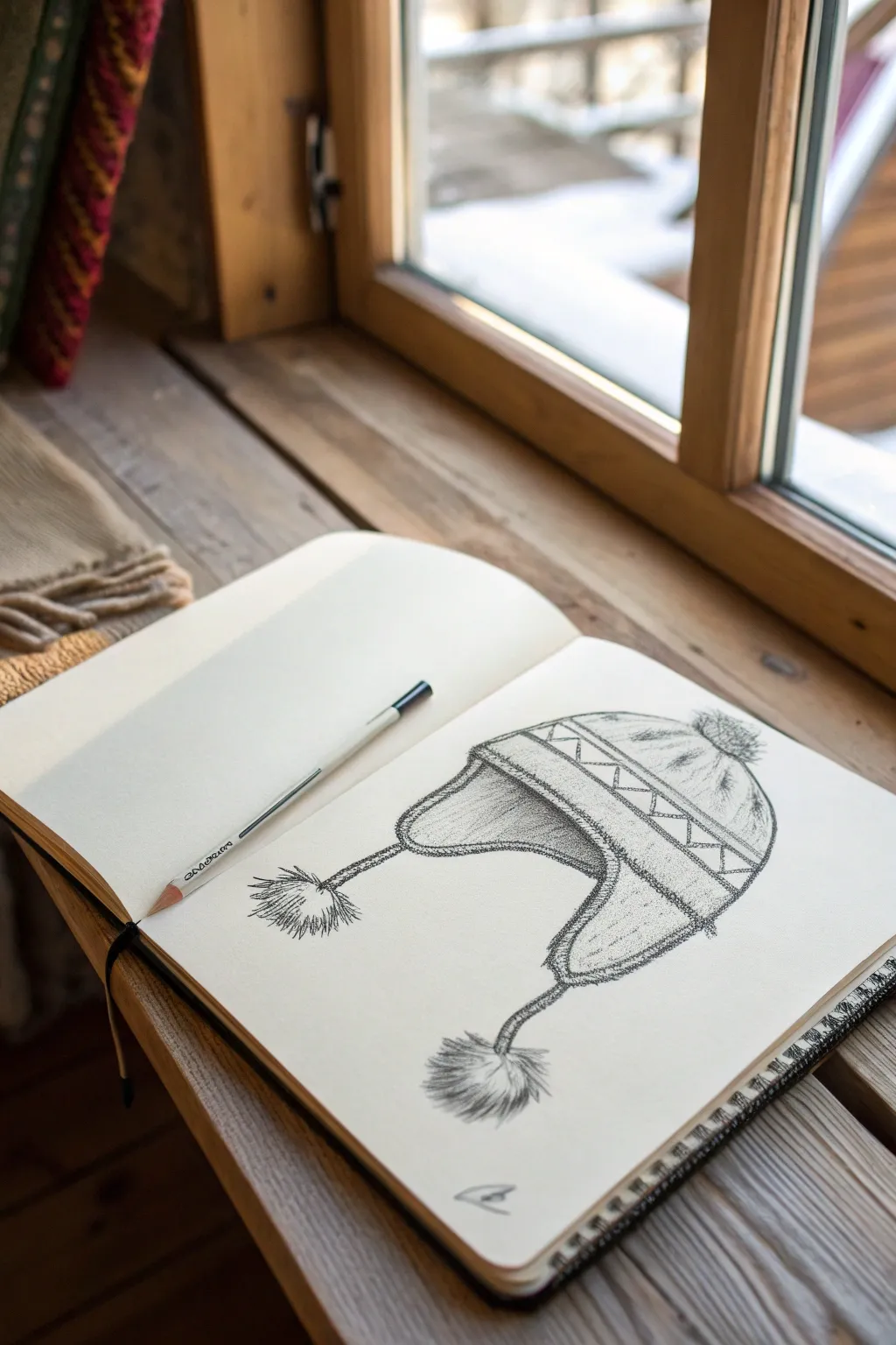 Cozy ear-flap hat sketch with fuzzy trim lines, centered neatly on a simple head template