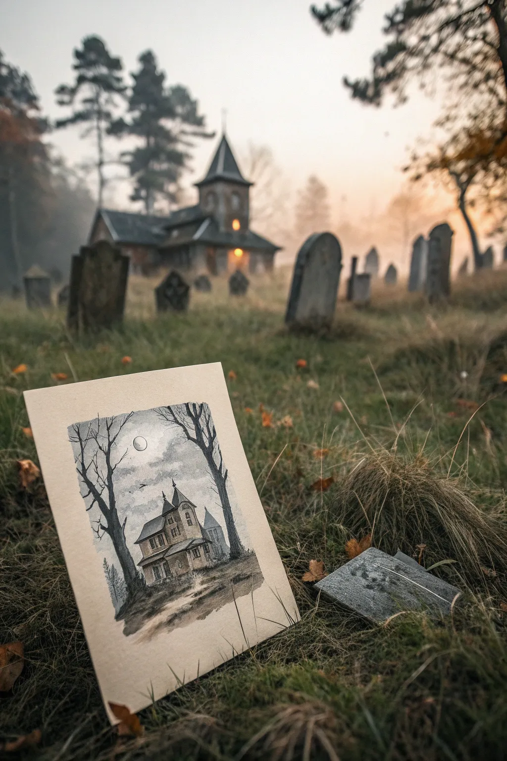 Minimal haunted house sketch with a front yard graveyard, sunken headstones, and moody depth