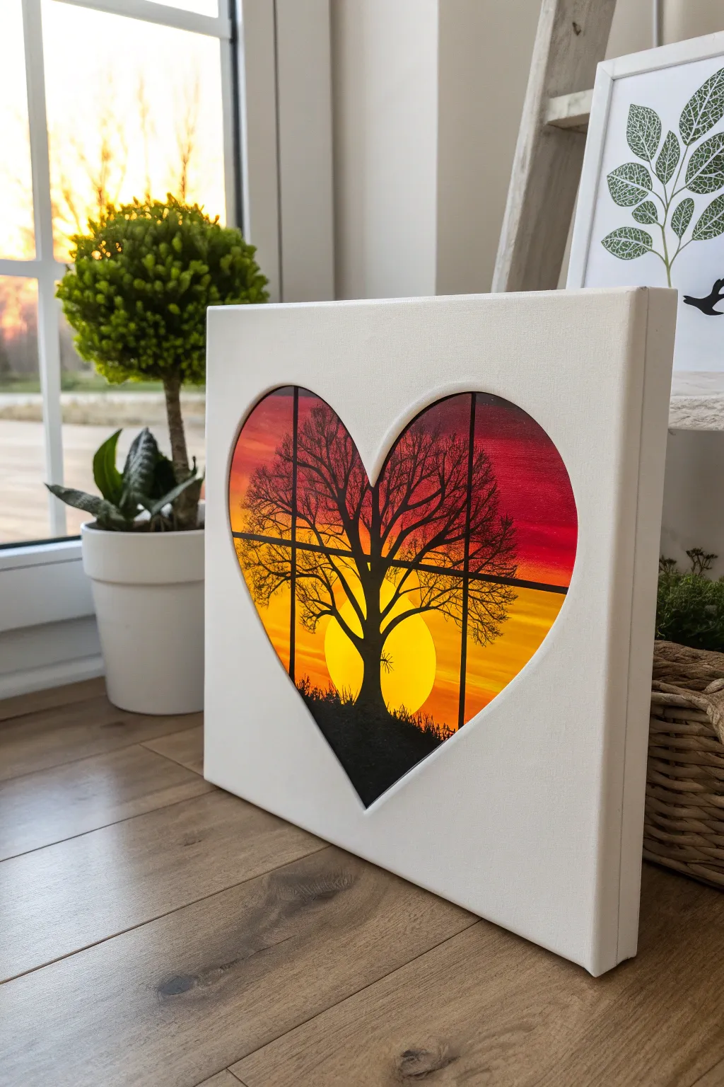 Capture the golden hour by painting a warm sunset landscape framed inside a simple heart silhouette.