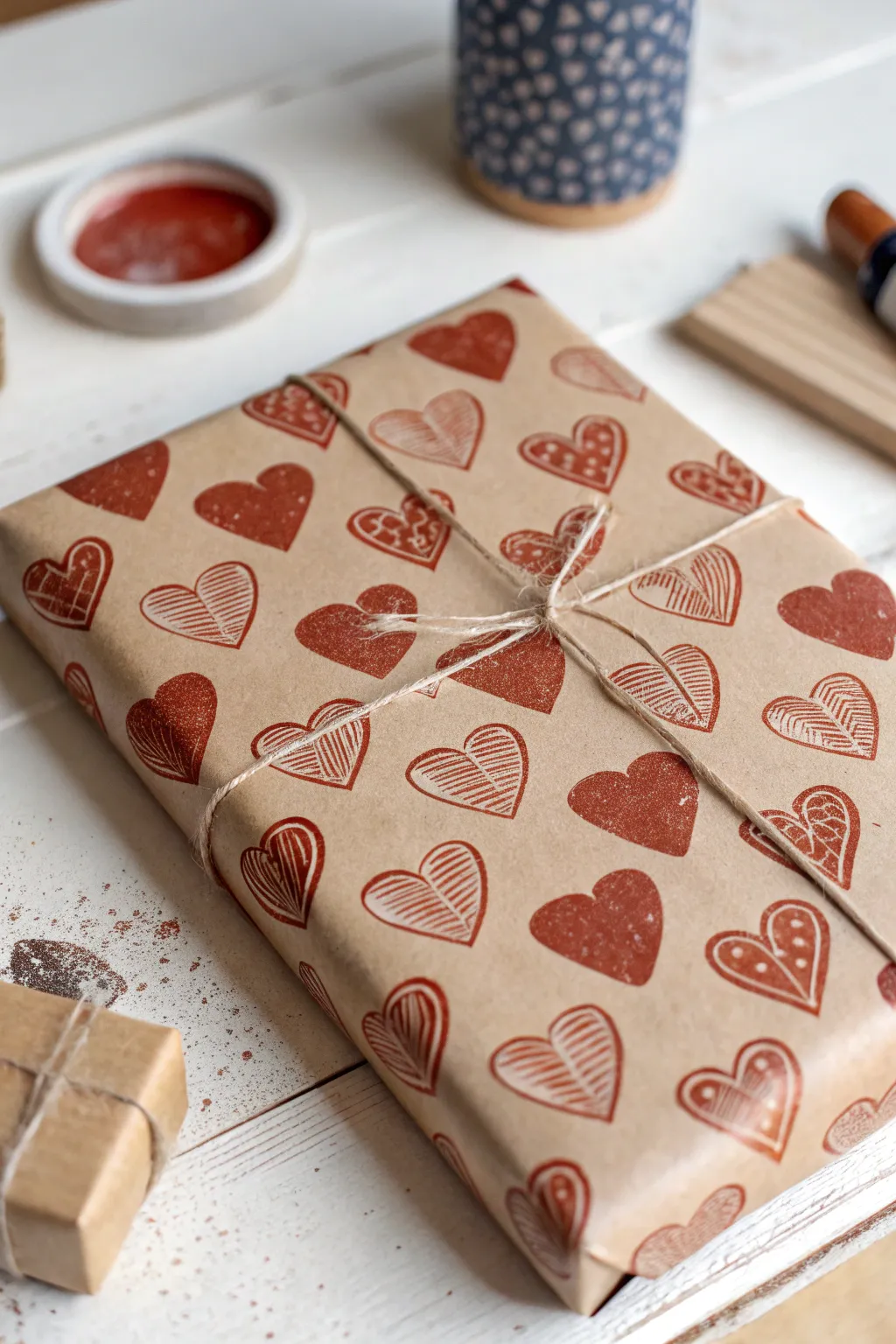 Minimal kraft wrap with hand-stamped hearts, imperfectly charming and beautifully crafted