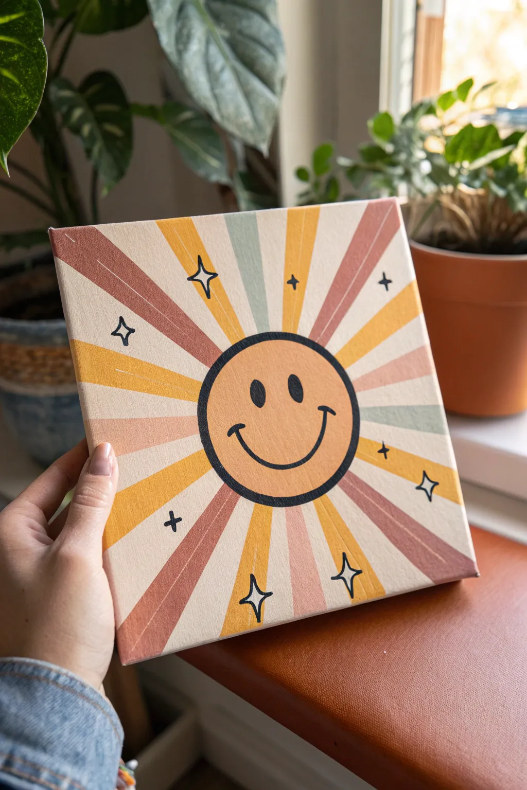 Good vibes smiley with muted rainbow rays on a warm gradient, minimal retro-boho wall art.