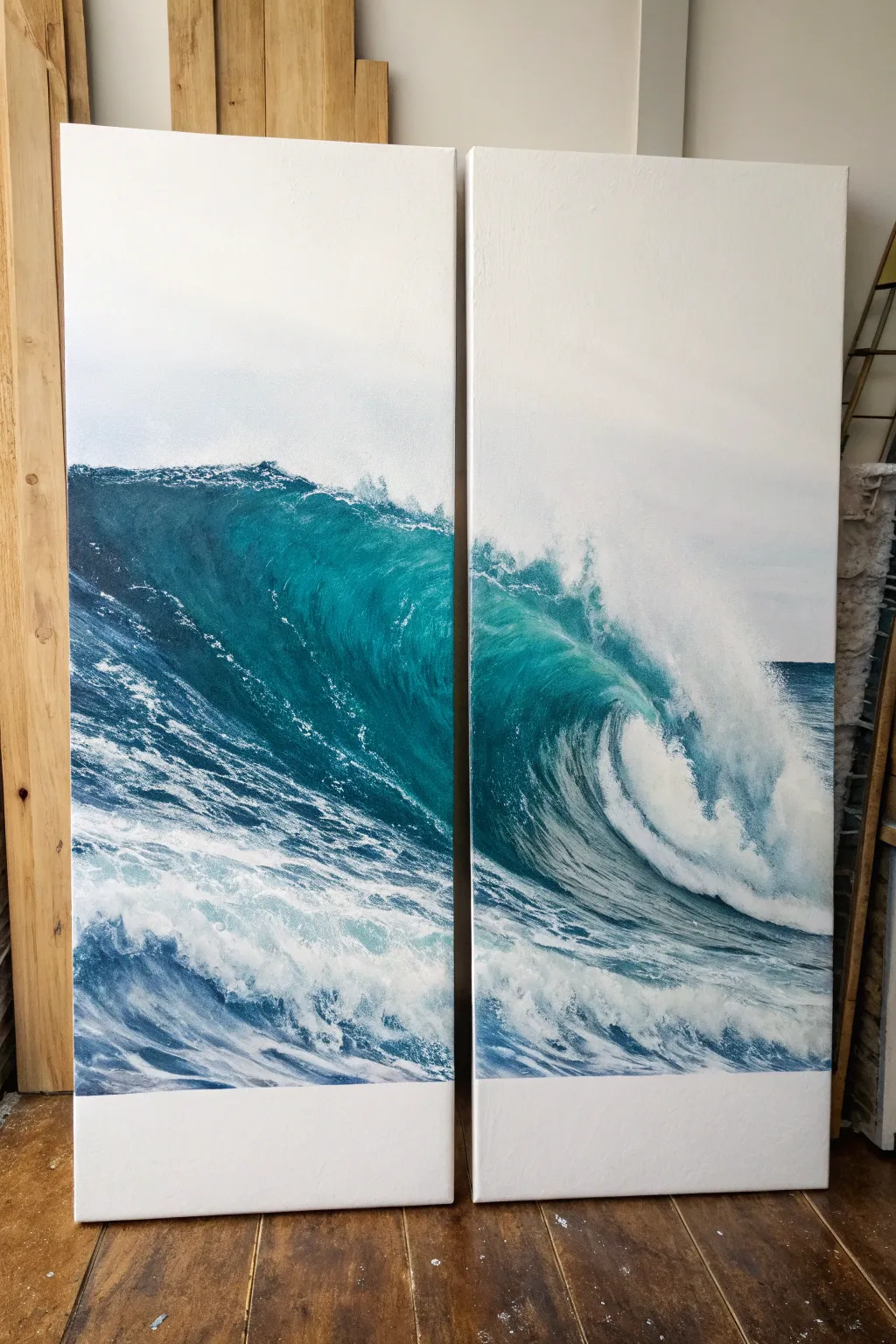 A single rolling wave painted across two canvases, connected by foam for a perfect his and her set