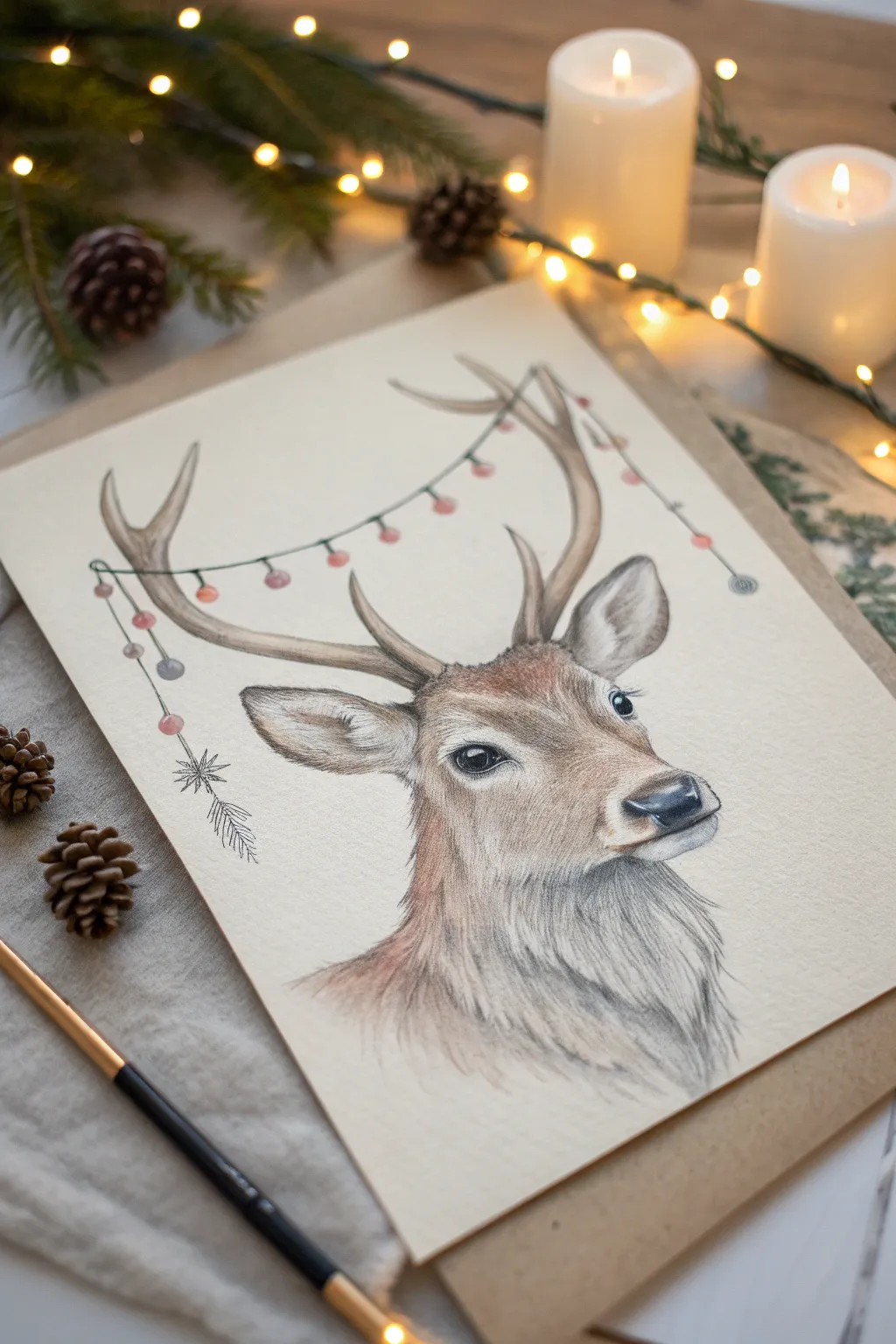 Gentle reindeer portrait with antler lights, minimal boho holiday drawing inspiration.