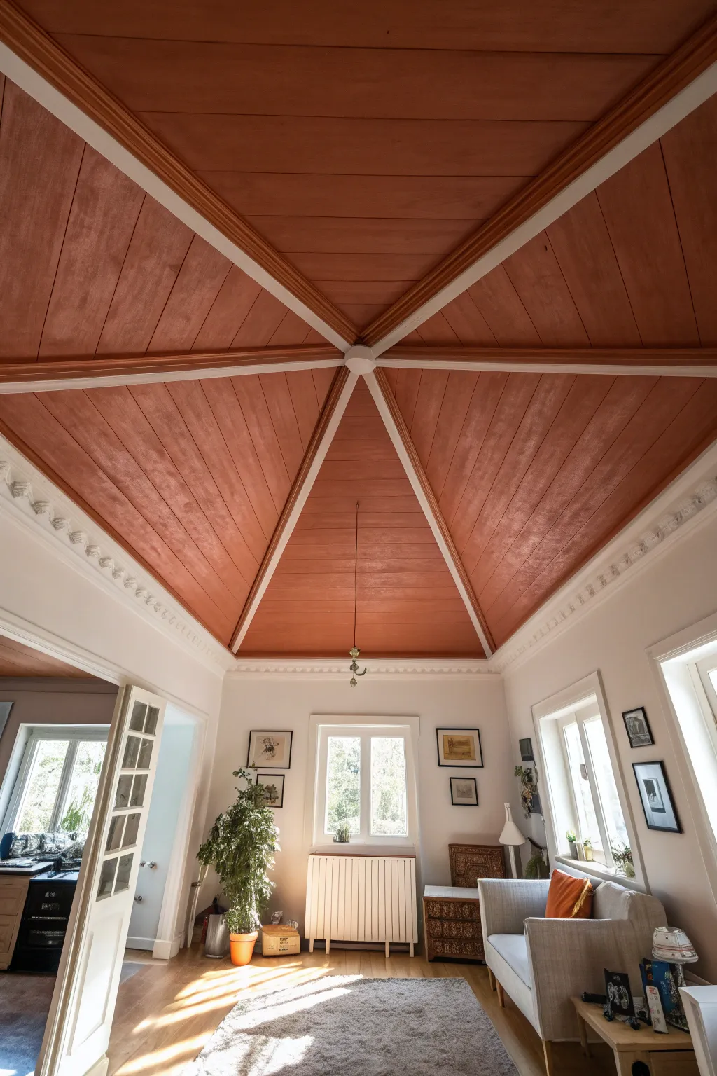 Paint the ceiling a bold hue for a cozy fifth-wall effect with light walls for contrast