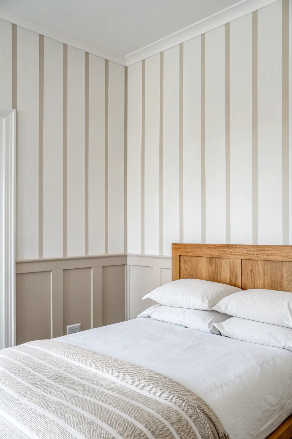 Soft vertical stripes in close neutrals add height and calm, with a crisp hand-painted edge.