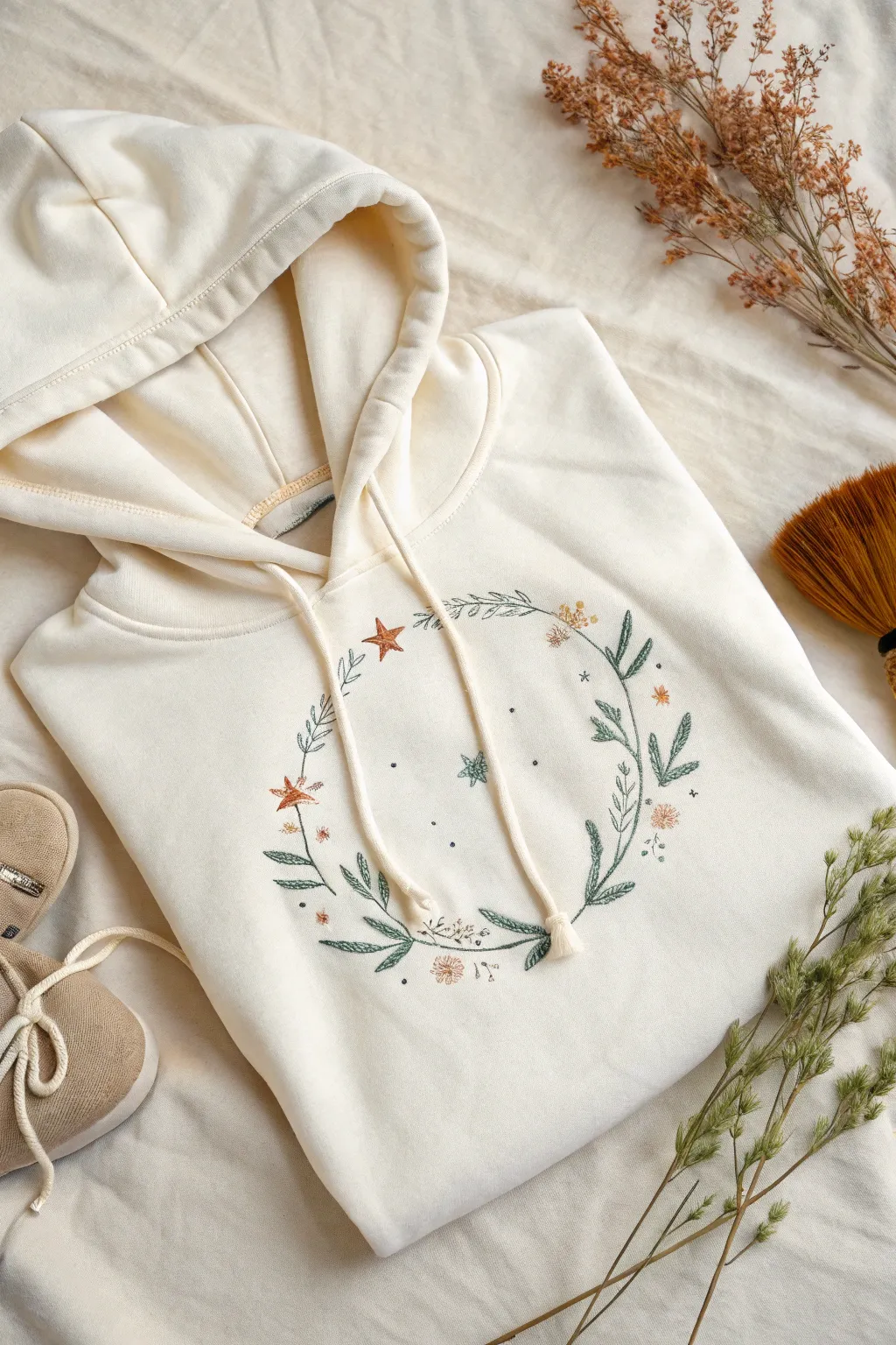 Minimal hoodie art that frames the drawstrings with delicate leaves and tiny stars
