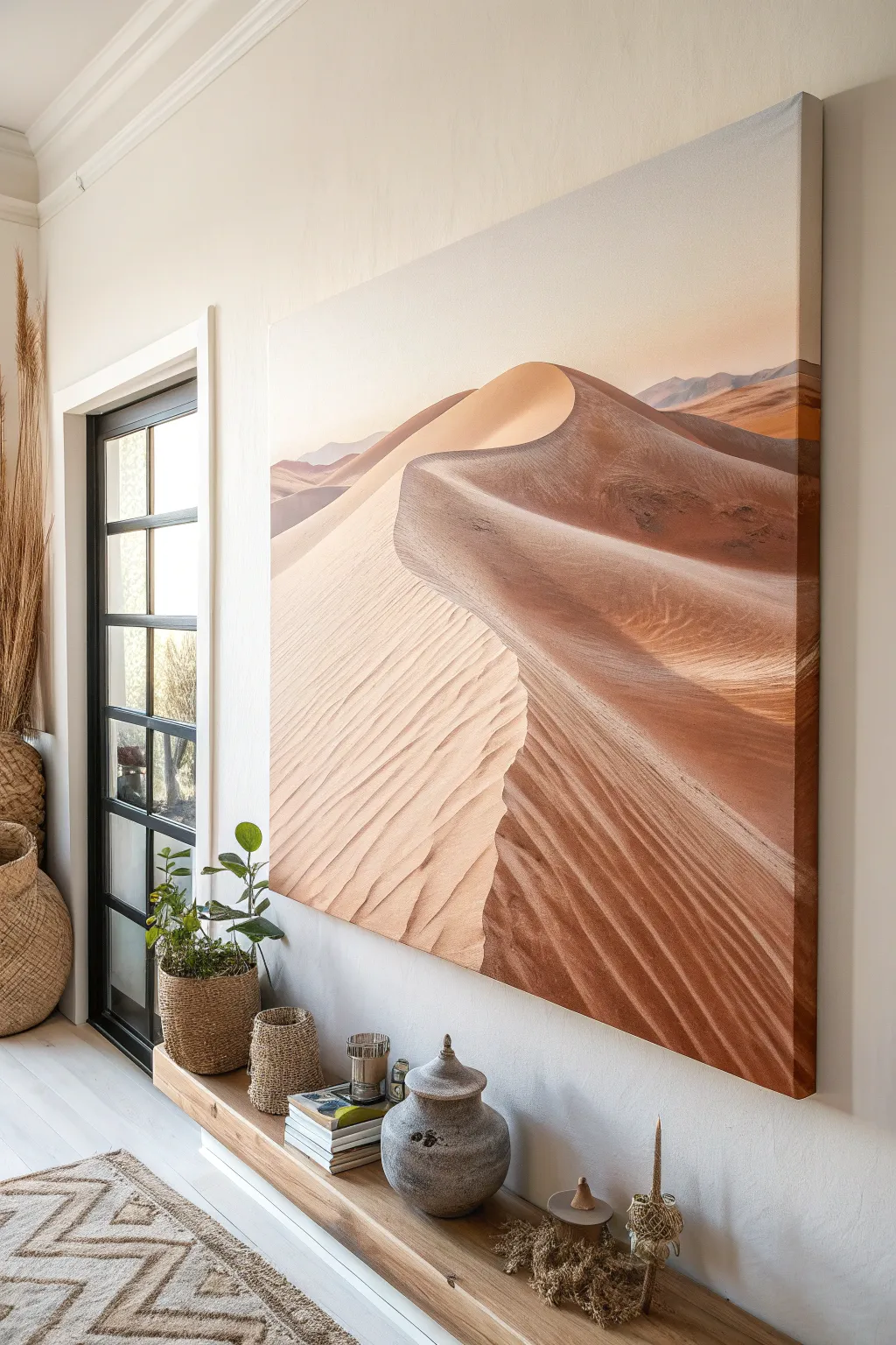 Desert dunes in a sleek horizontal format, with wind lines that flow sideways and feel alive