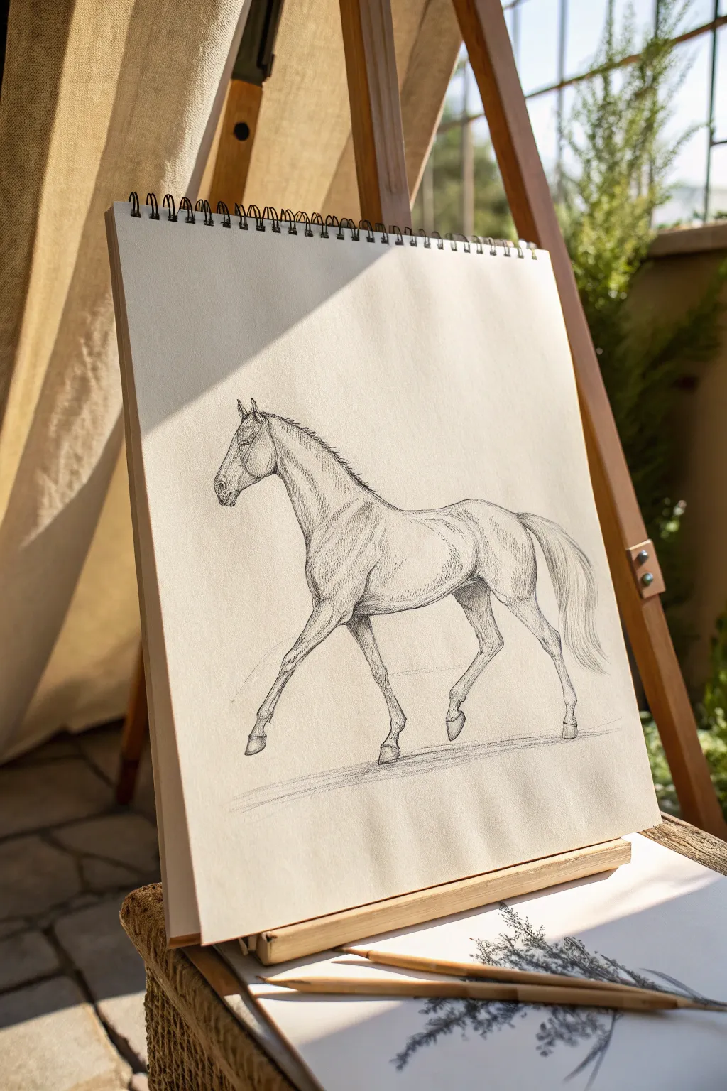 Minimal trotting horse sketch with diagonal energy lines to capture motion and graceful flow.