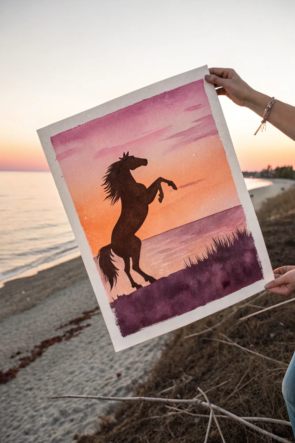 Minimalist rearing horse silhouette on a sunset gradient, a chic Scandinavian boho painting idea.