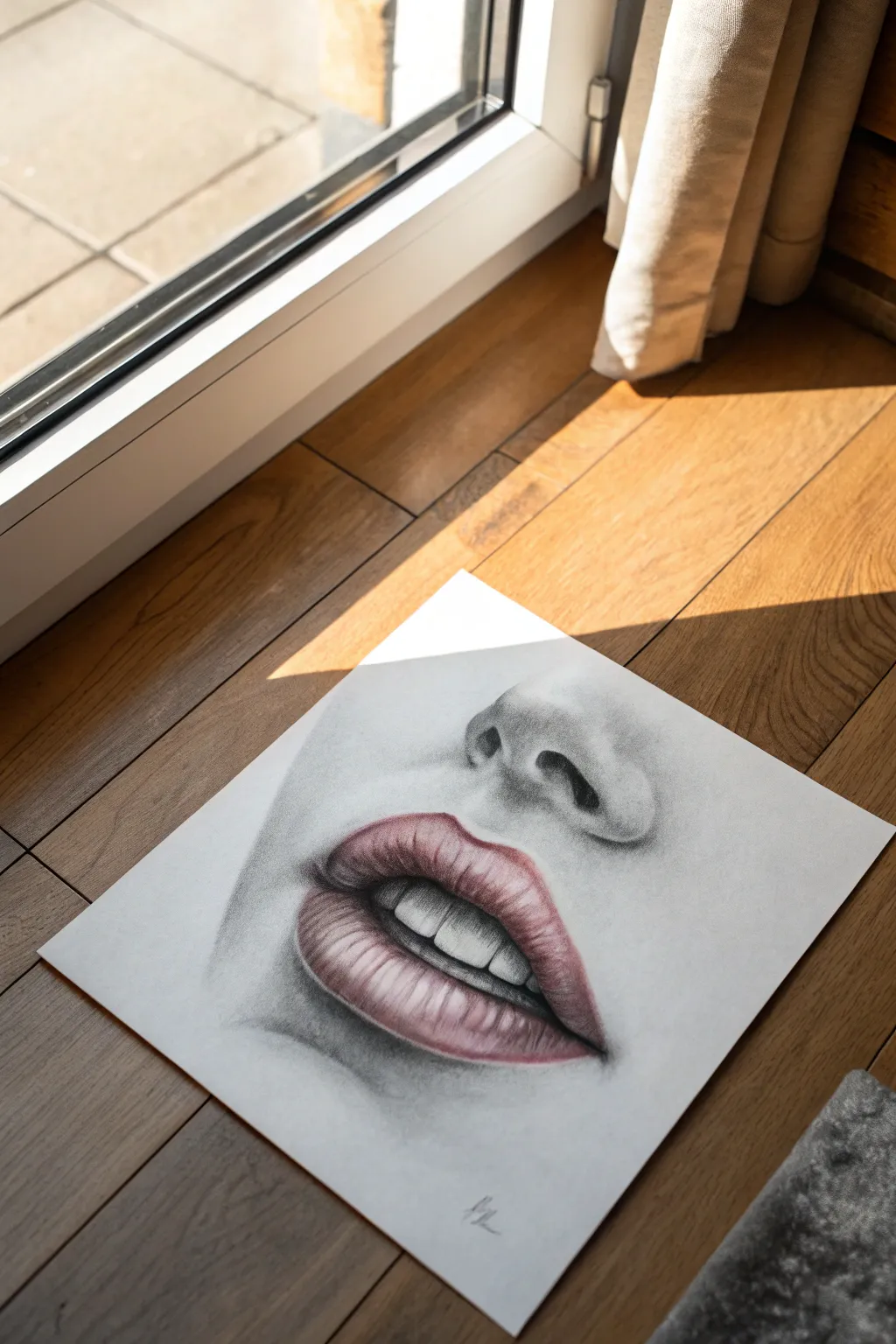 Soft graphite lips study with dreamy edges and a breathy glow, minimalist and modern.