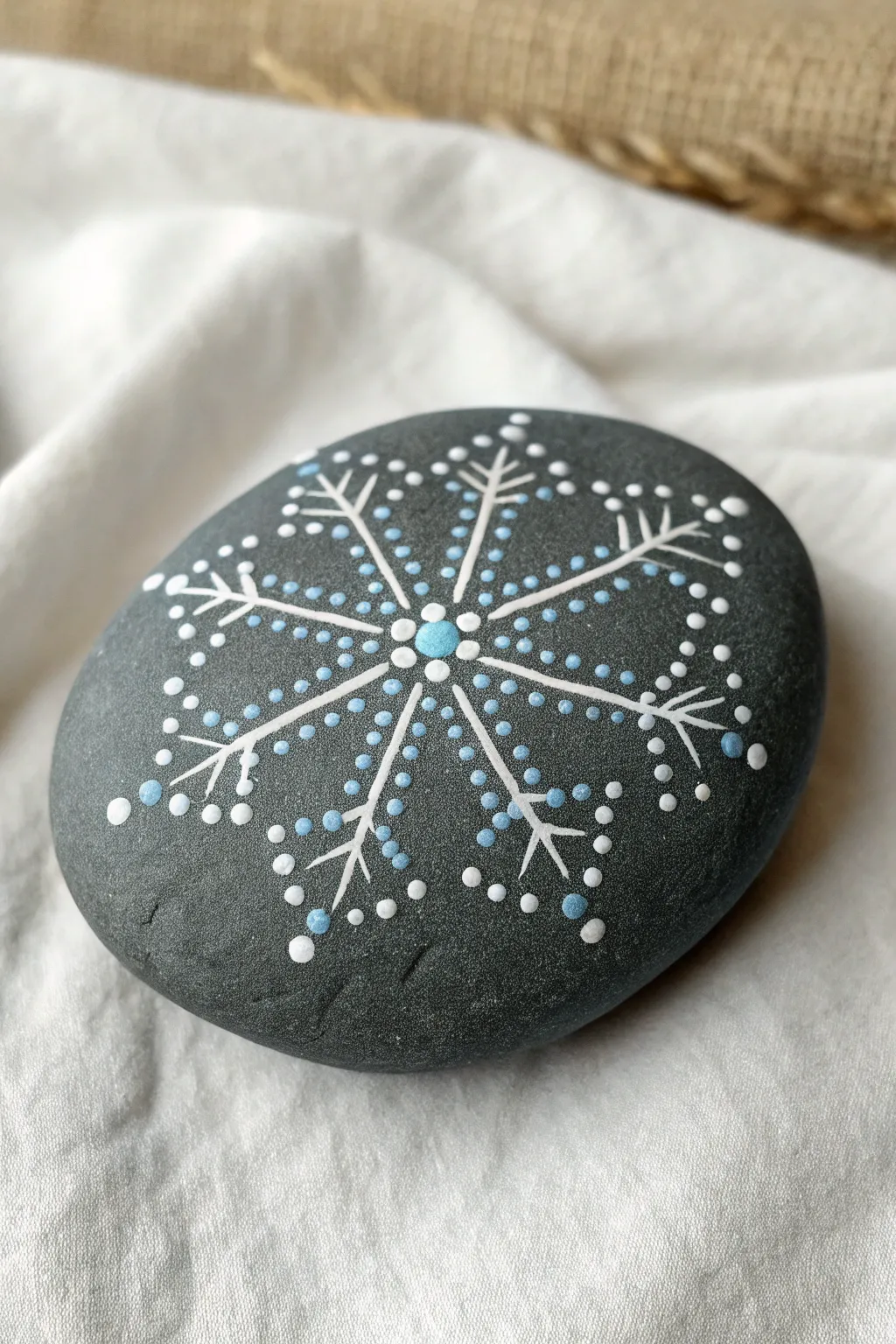 Easy snowflake dot symmetry on a smooth rock, crisp white and icy blue dots for beginners