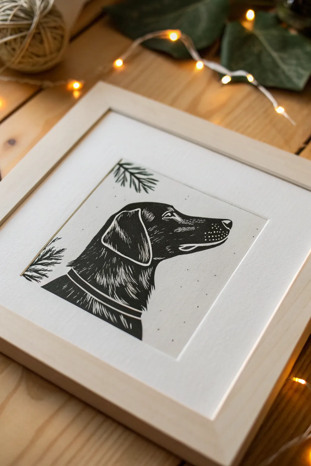 Minimalist dog profile linocut with bold contour and clean carved marks for high contrast