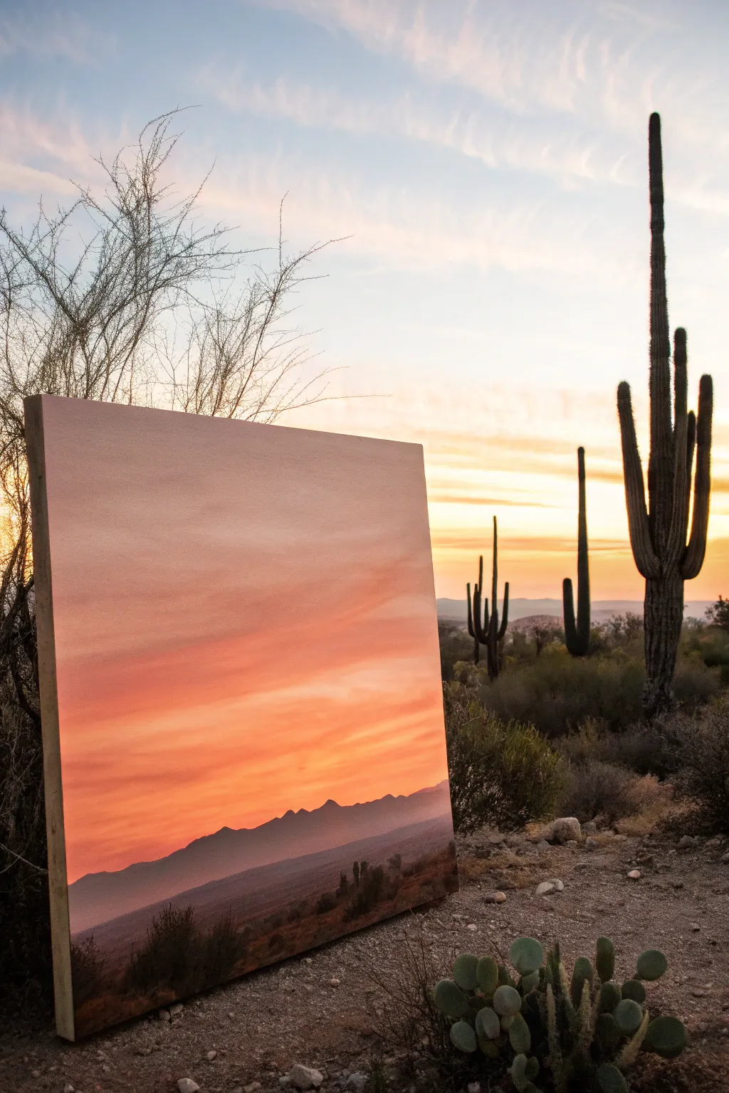 Cute cactus silhouettes on a warm sunset gradient, simple and striking for your next canvas.