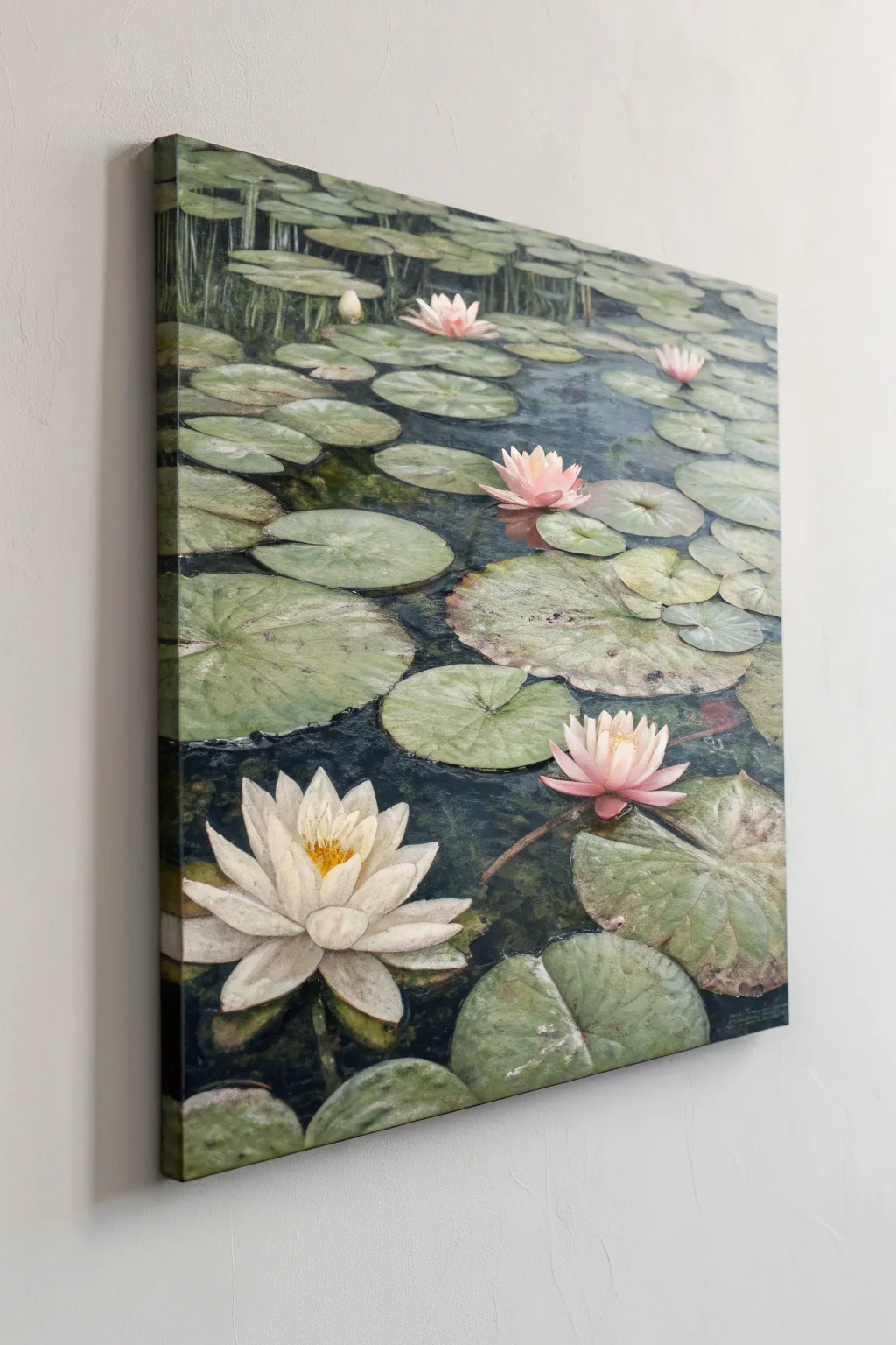 Palette-knife water lily pond: thick floating pads and blossoms with dreamy Scandinavian calm