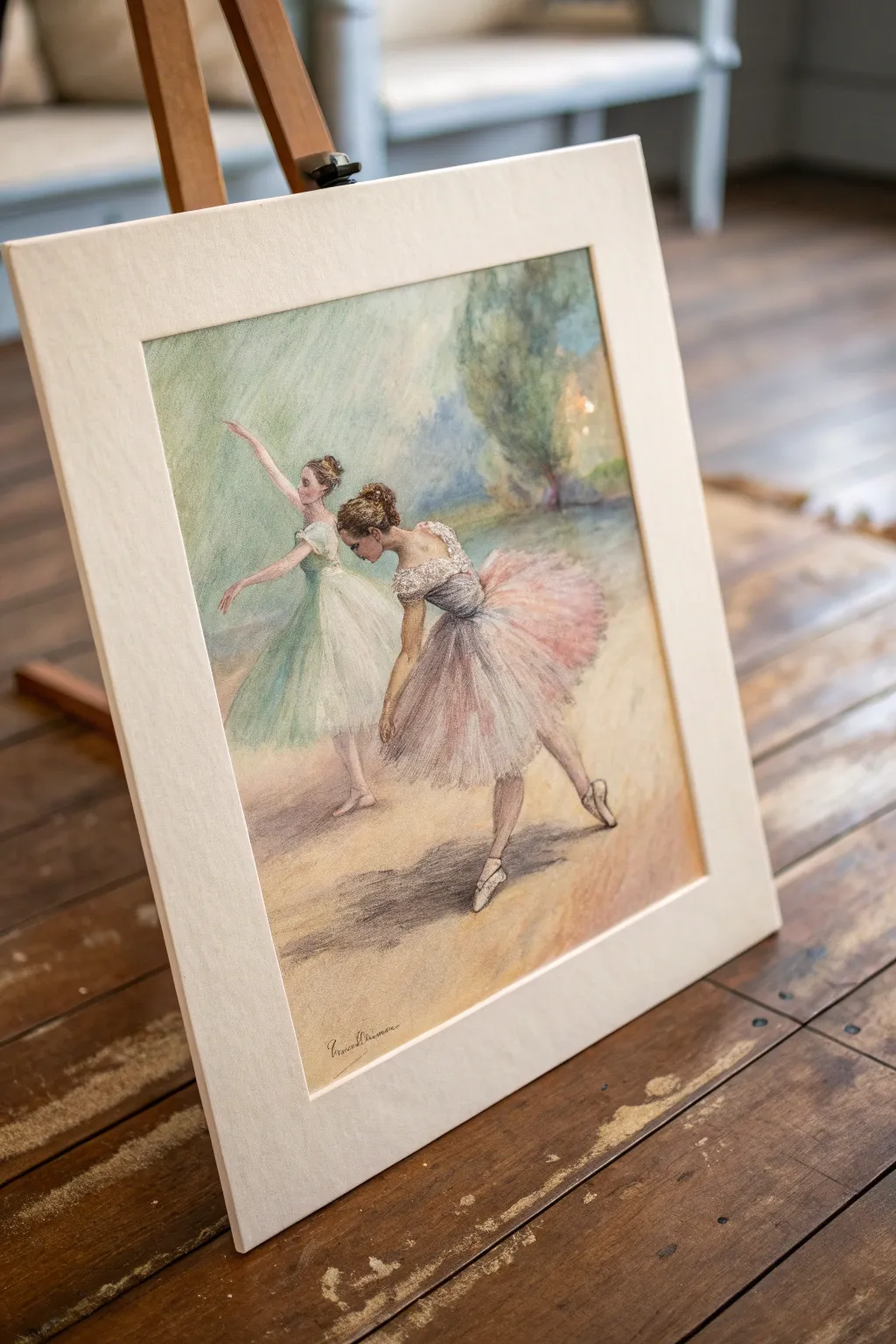 Impressionist dancer study: sweeping gesture lines and soft color notes in airy studio light