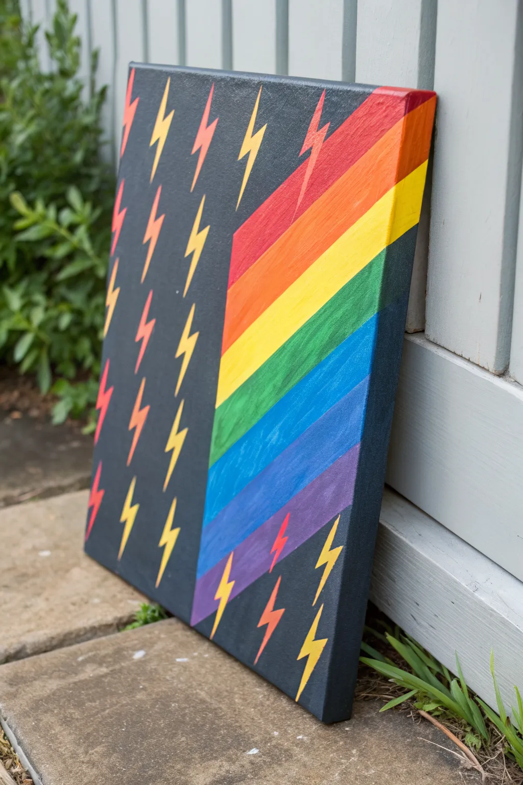 Easy indie art: bold rainbow lightning bolts on a dark canvas for a minimalist boho vibe.