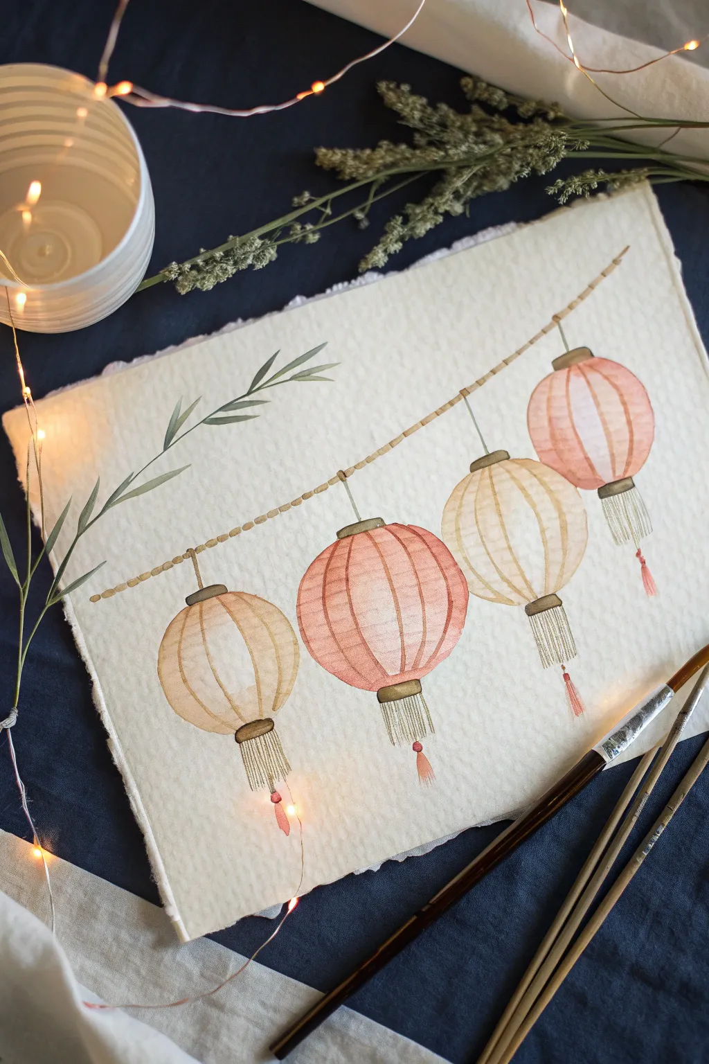 Minimal watercolor lantern string with warm glow against deep indigo wash, Scandinavian boho calm