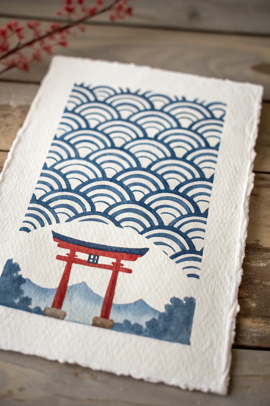 Indigo seigaiha waves with one vermilion torii gate, a calm minimalist Japanese pattern idea.