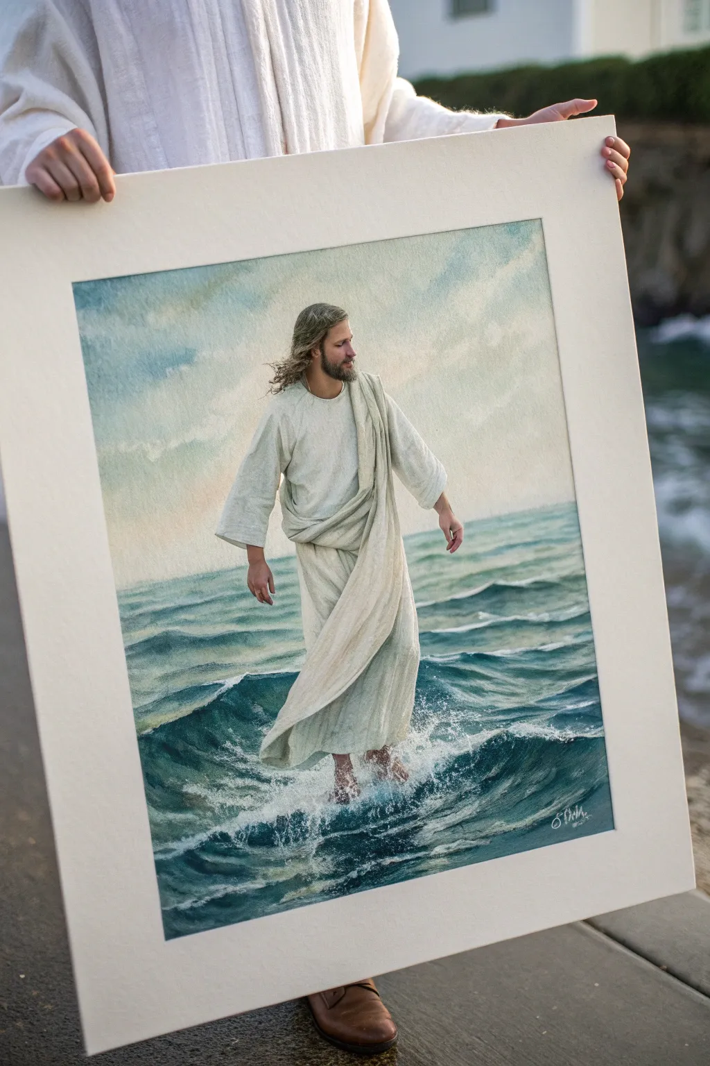 Minimalist Jesus walking on water with moonlit ripples and a glowing path of calm reflection.