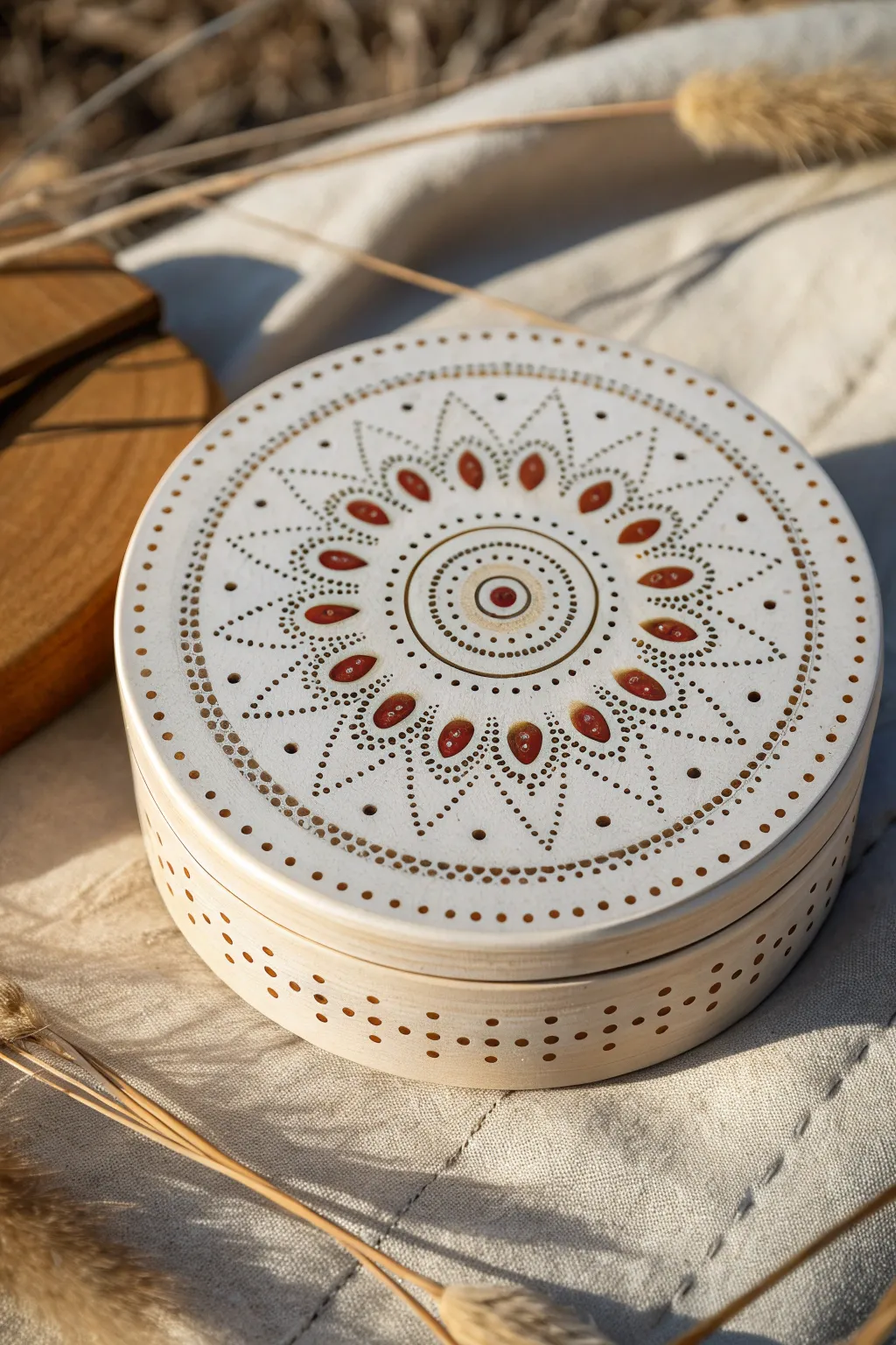 Centered dotted mandala on a jewelry box lid with calm tones, crisp contrast, and tools nearby