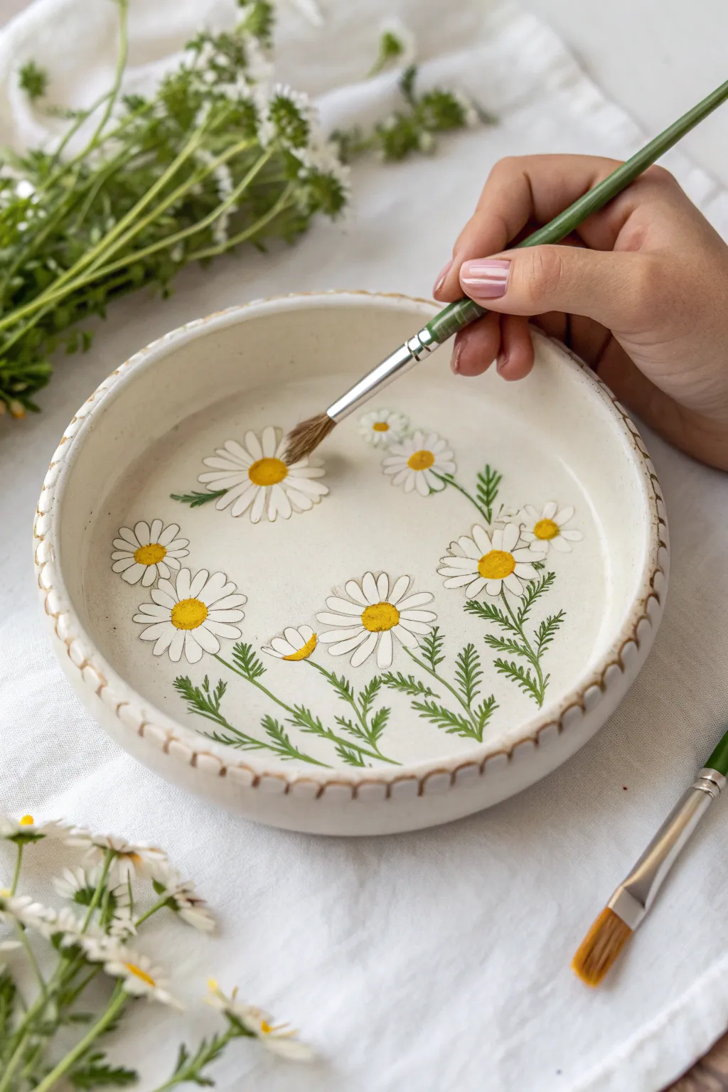 Daisy chain rim border for a minimalist jewelry dish, with a final petal painted by hand