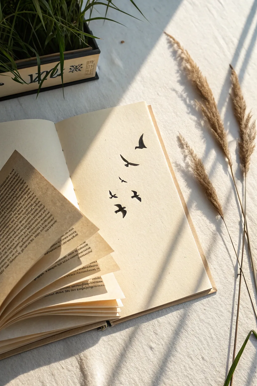 Easy ink juxtaposition: open book pages lifting into simple birds, minimal and calming.