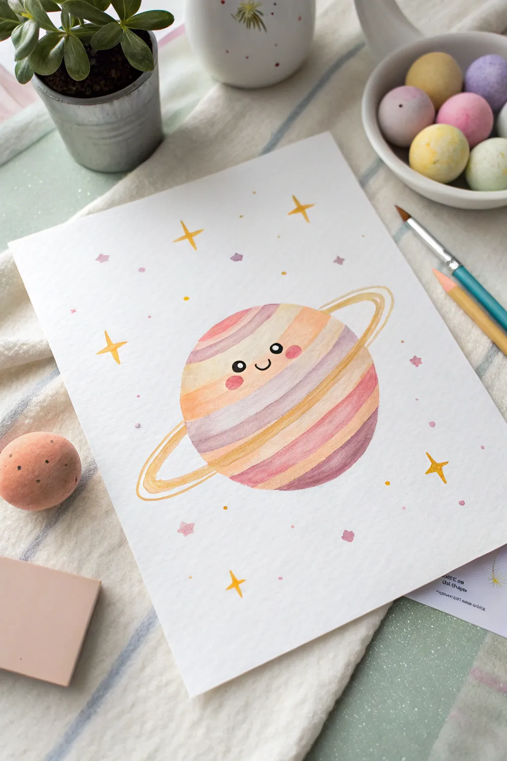 Pastel kawaii planet with rings and rosy cheeks, a minimalist boho space painting idea