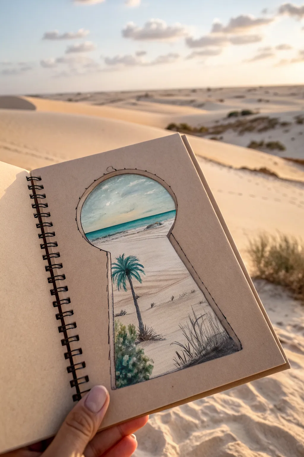 Desert dunes in a keyhole frame, soft mirage edges and a tiny oasis for serene minimalist art.