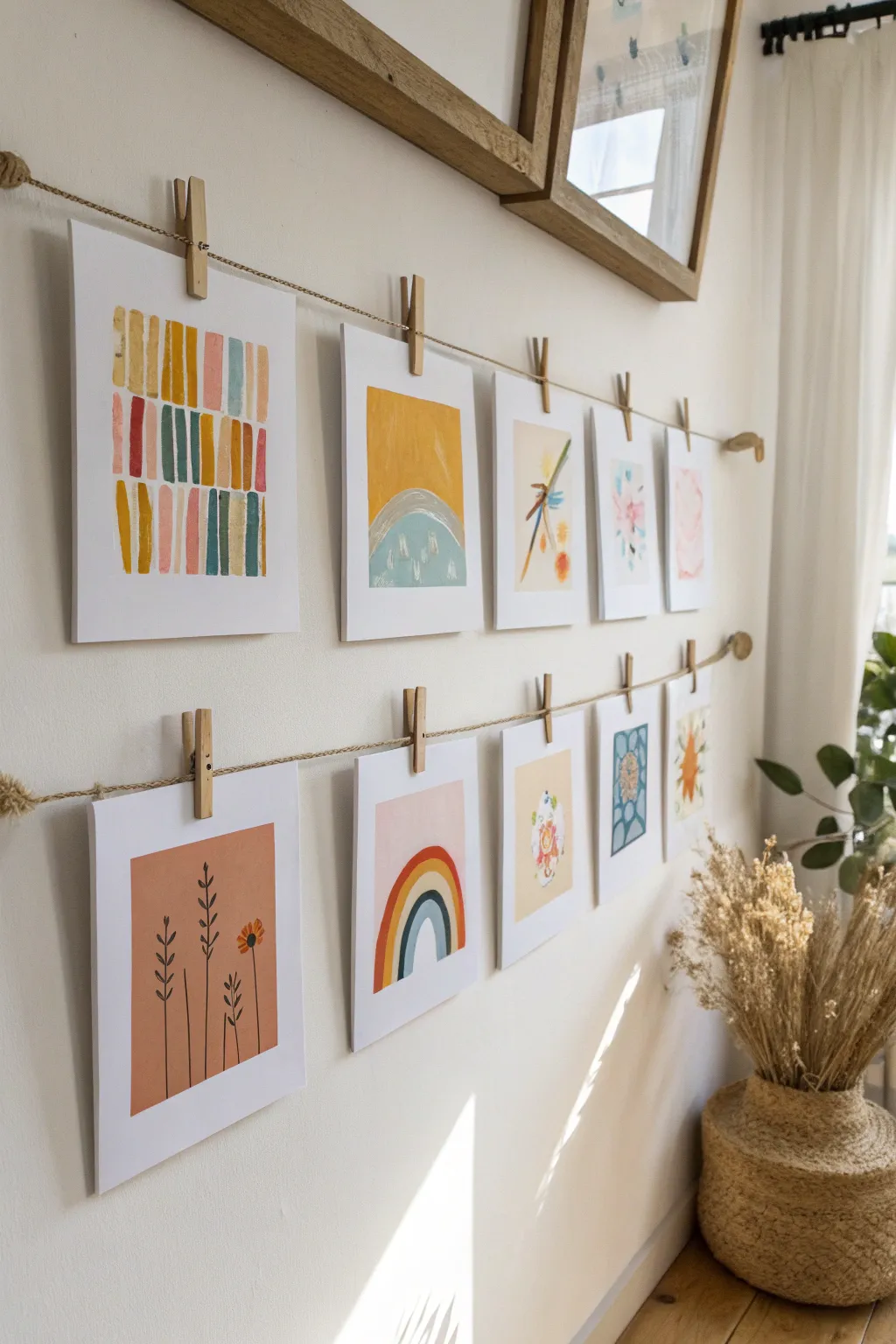Create a mini art gallery wall with clipped paintings and blank labels for a museum-style party reveal
