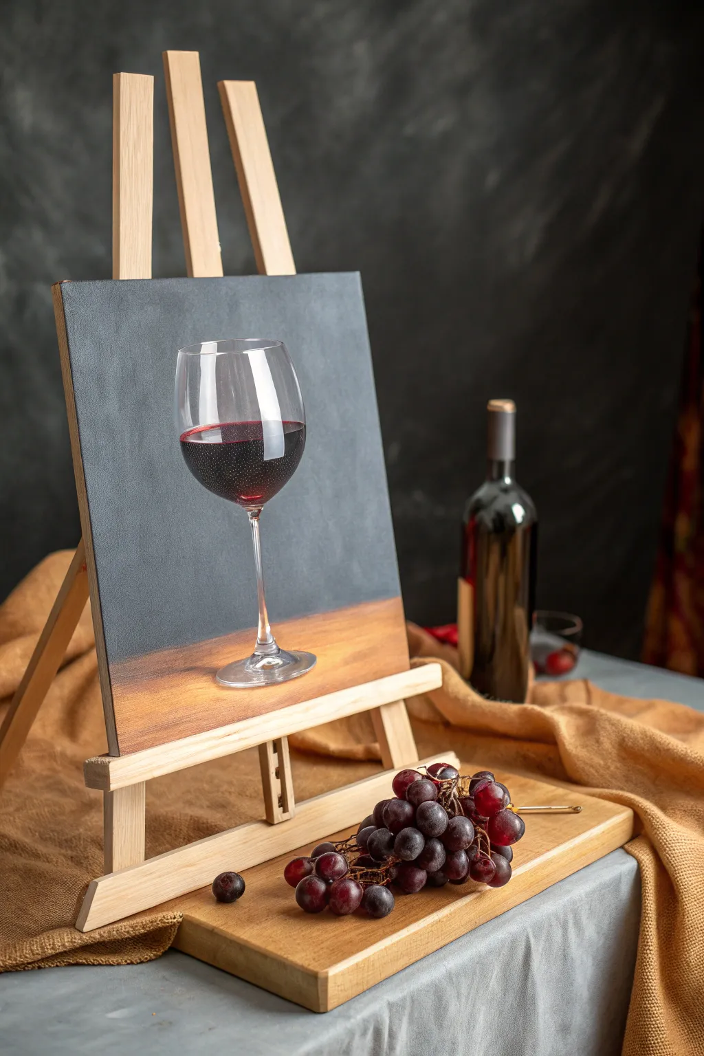 Minimalist still life canvas: wine glass and grapes in moody evening light for cozy kitchen decor.