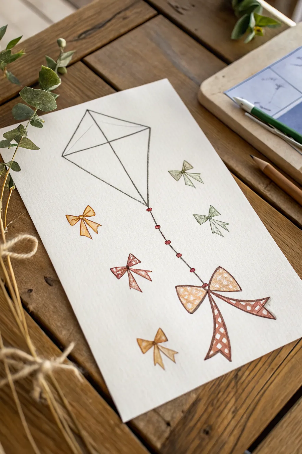 Kite drawing idea: long bow chain tail with gentle twists, minimalist Scandinavian boho style.
