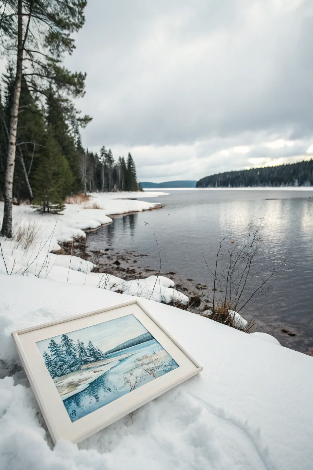 Snowy lake painting idea with cool blue shadows, dark still water, and minimalist winter calm.