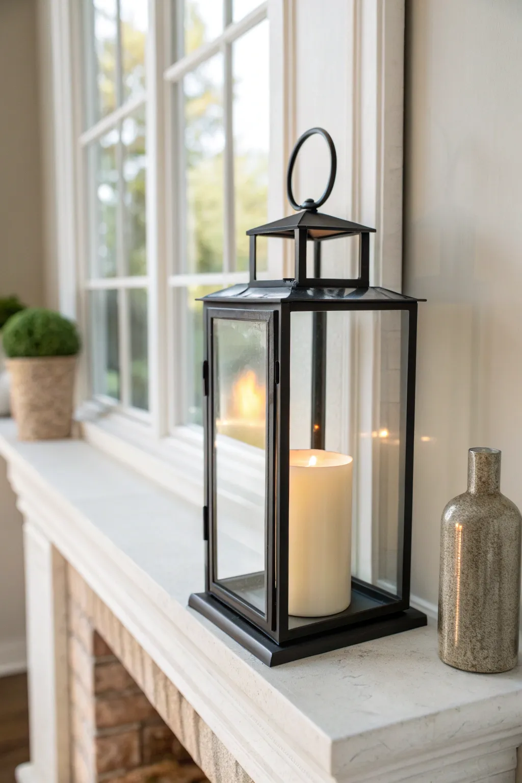 Warm candlelit lantern on a minimalist mantel end cap for cozy, neutral Scandinavian charm.
