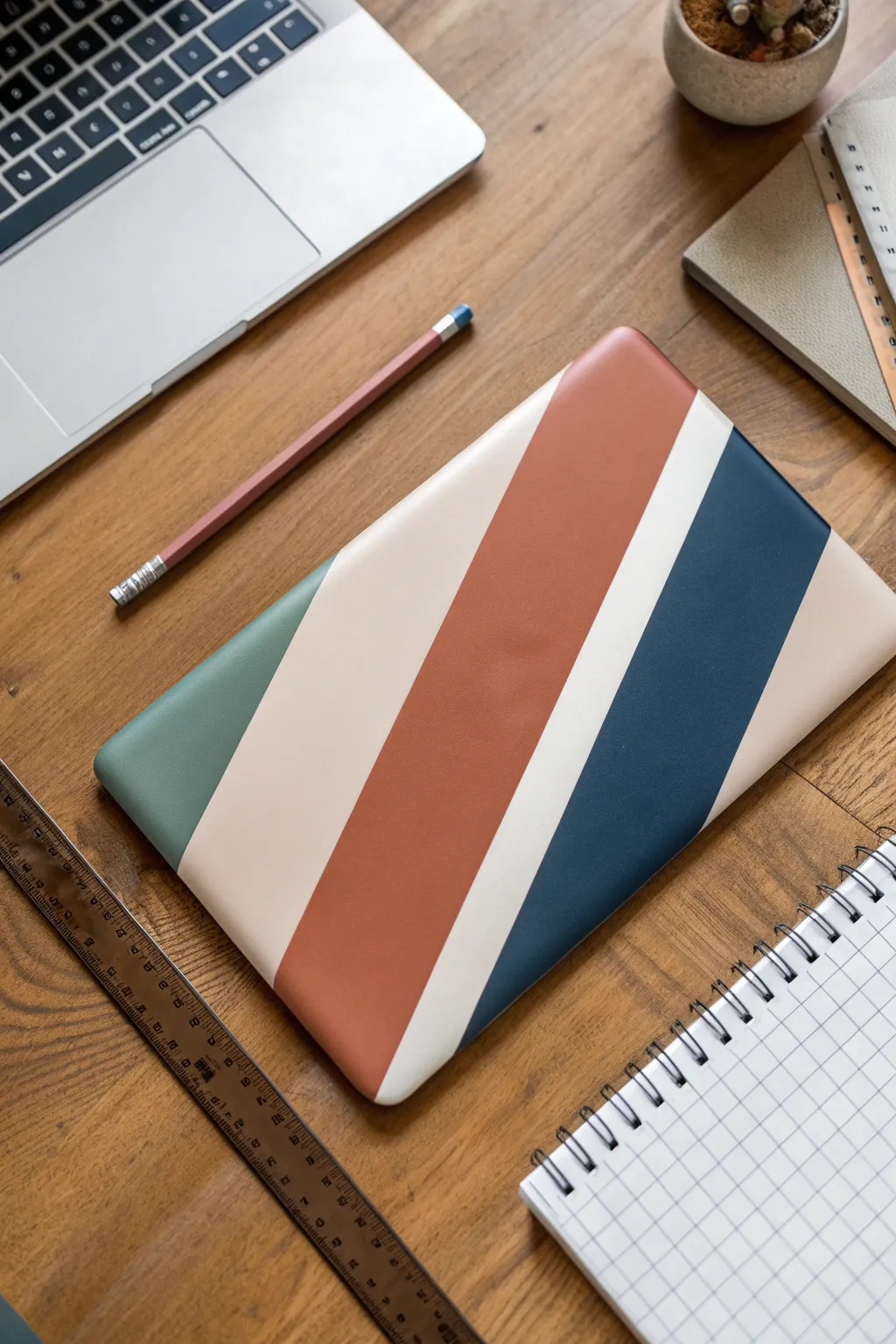 Bold color-block striped laptop lid painting idea with crisp tape lines and a calm minimal setup