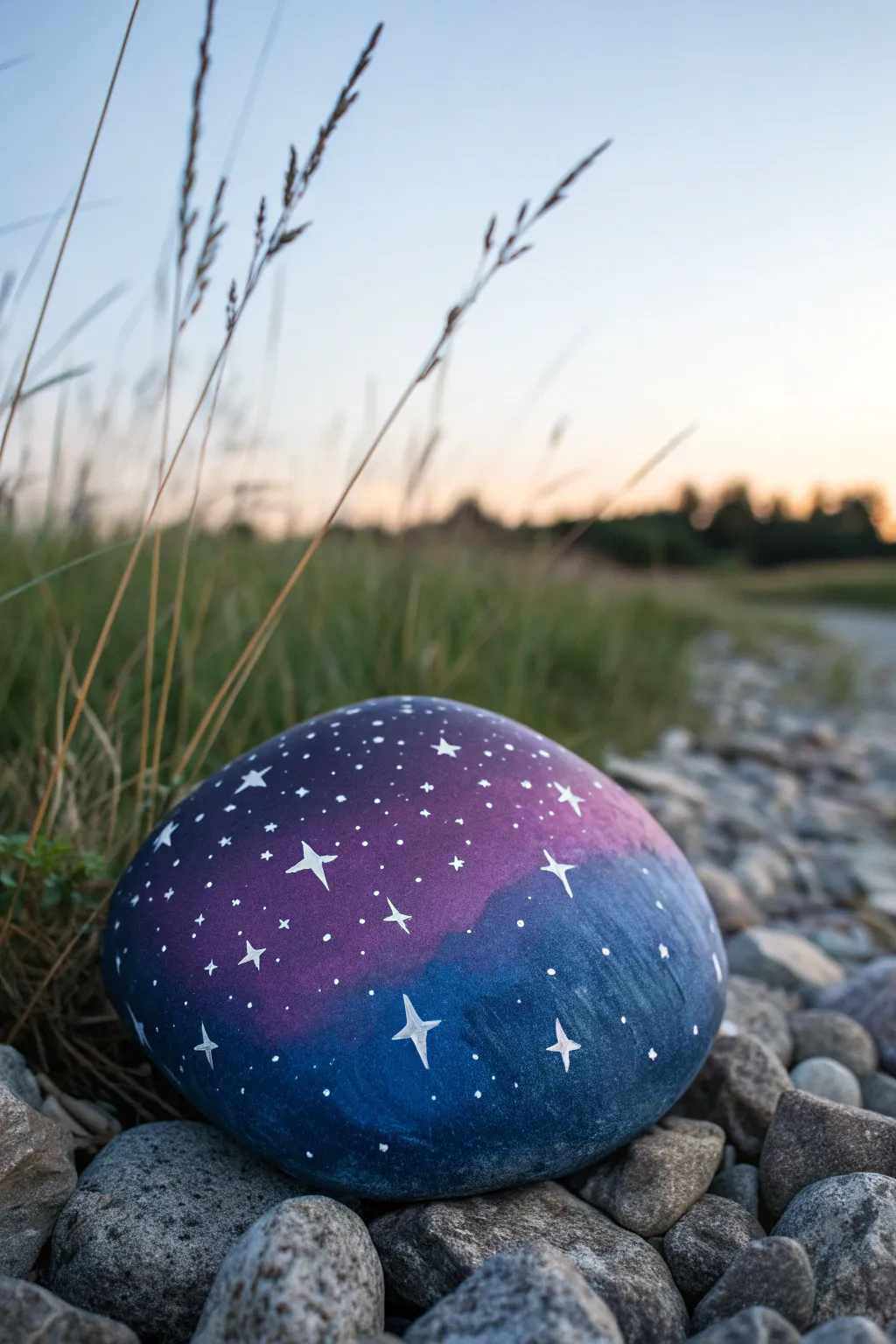 Large twilight-gradient rock with delicate star splatter, serene boho night-sky vibe.