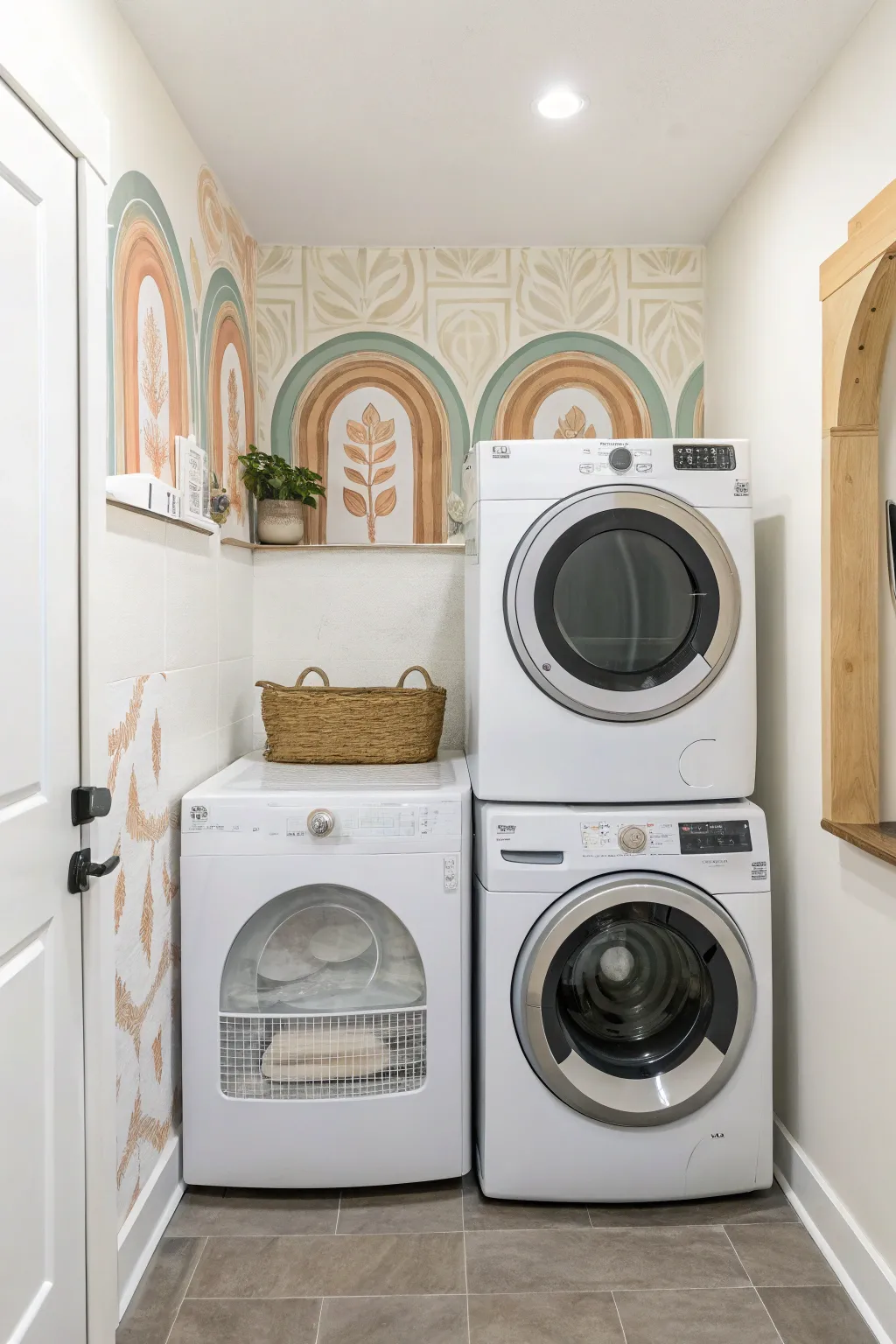 Soft geometric mural frames a stacked washer dryer for a calm Scandinavian-boho laundry nook.