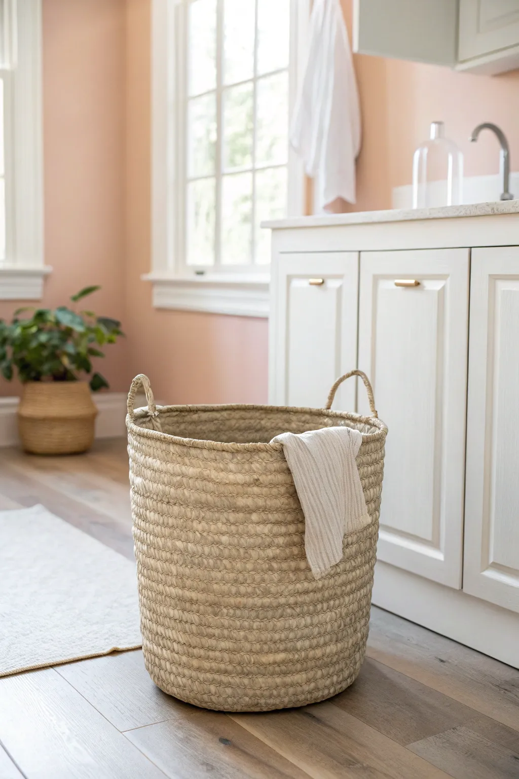 Blush pastel walls paired with a natural woven basket create soft, clean laundry room energy