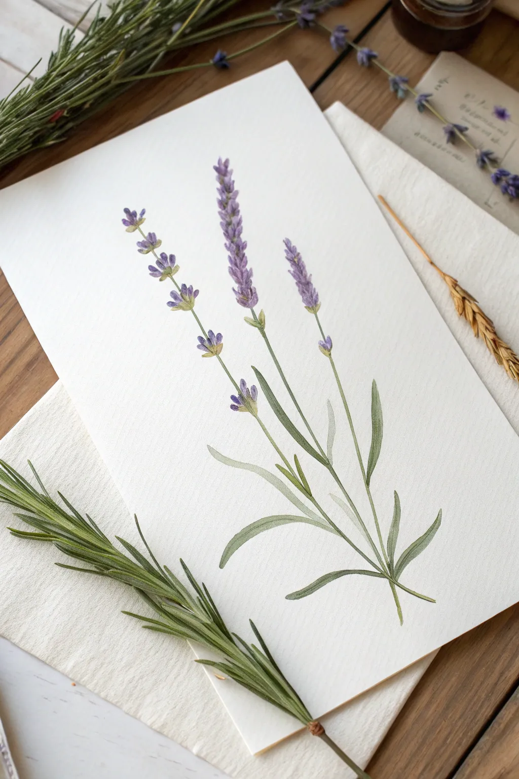 Practice wispy lavender stems with quick leafy strokes and simple bud dabs for airy bouquets.