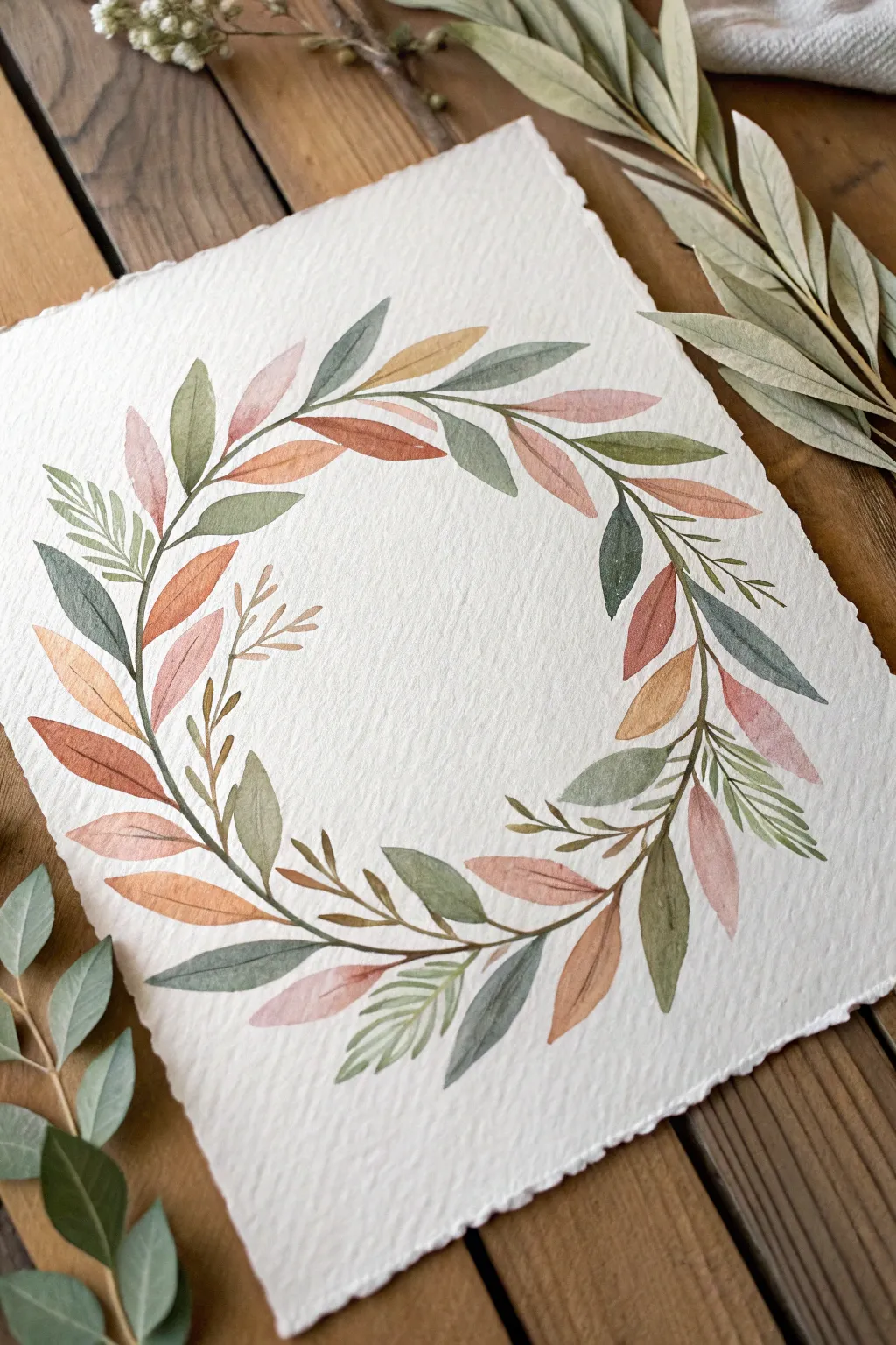 Layered watercolor leaf wreath with translucent overlaps for depth, clean Scandinavian boho charm