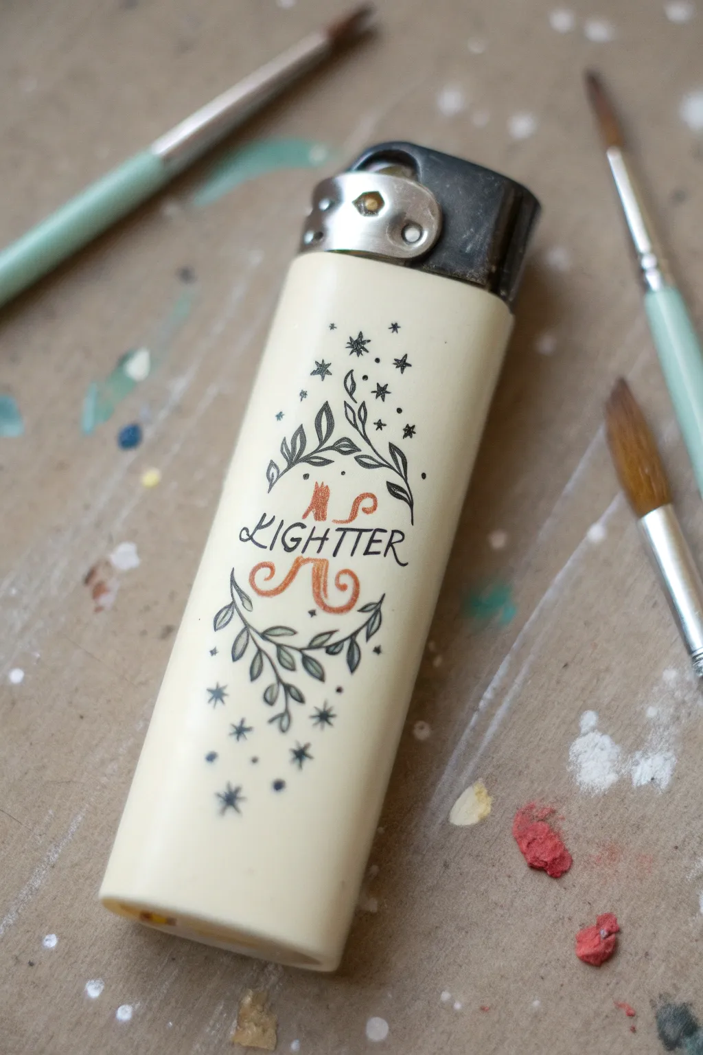 Minimalist lighter paint idea: bold monogram-style emblem with tiny micro icons and a detail brush.