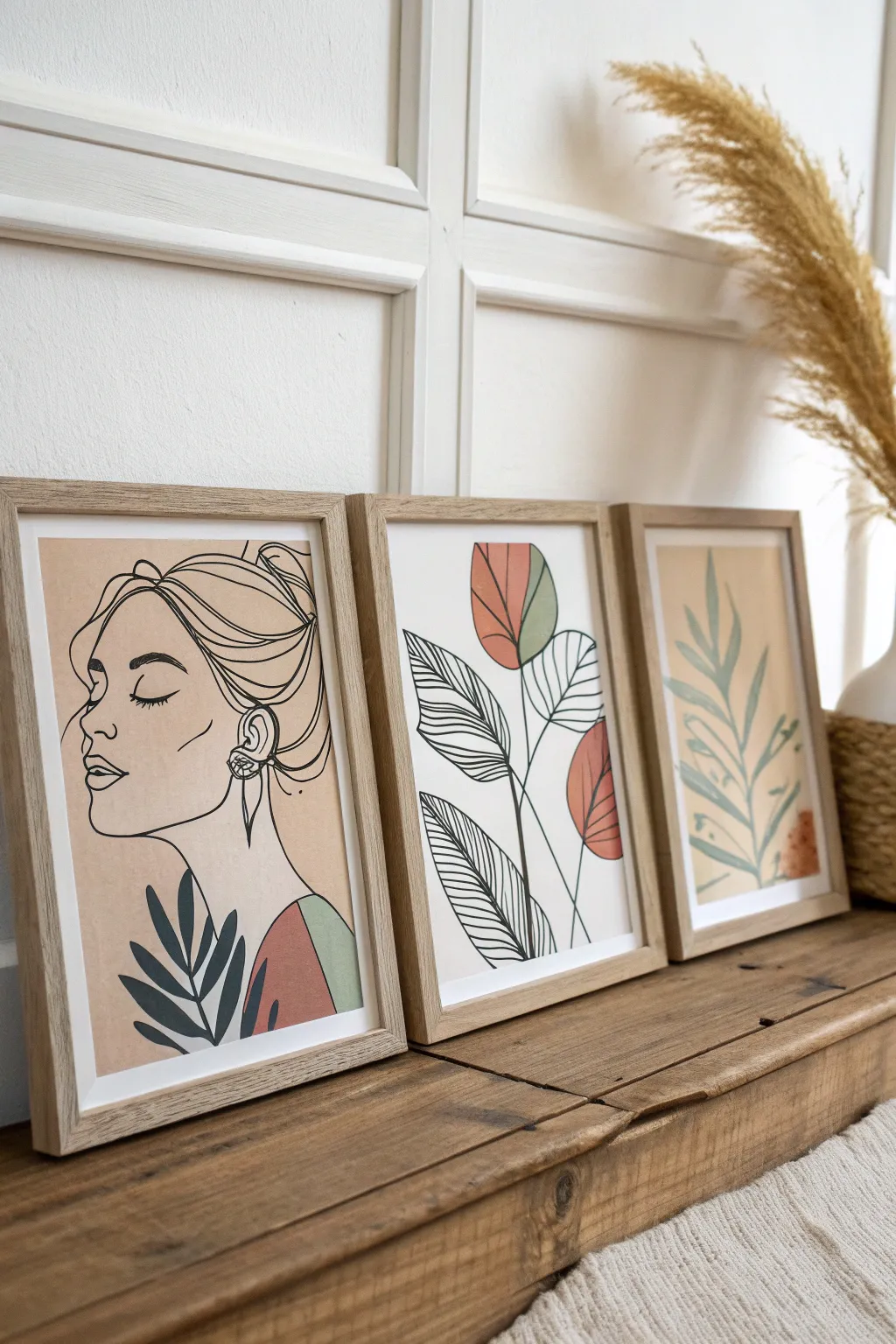 Three matching line art mini paintings in a clean grid, soft neutrals with modern boho calm.