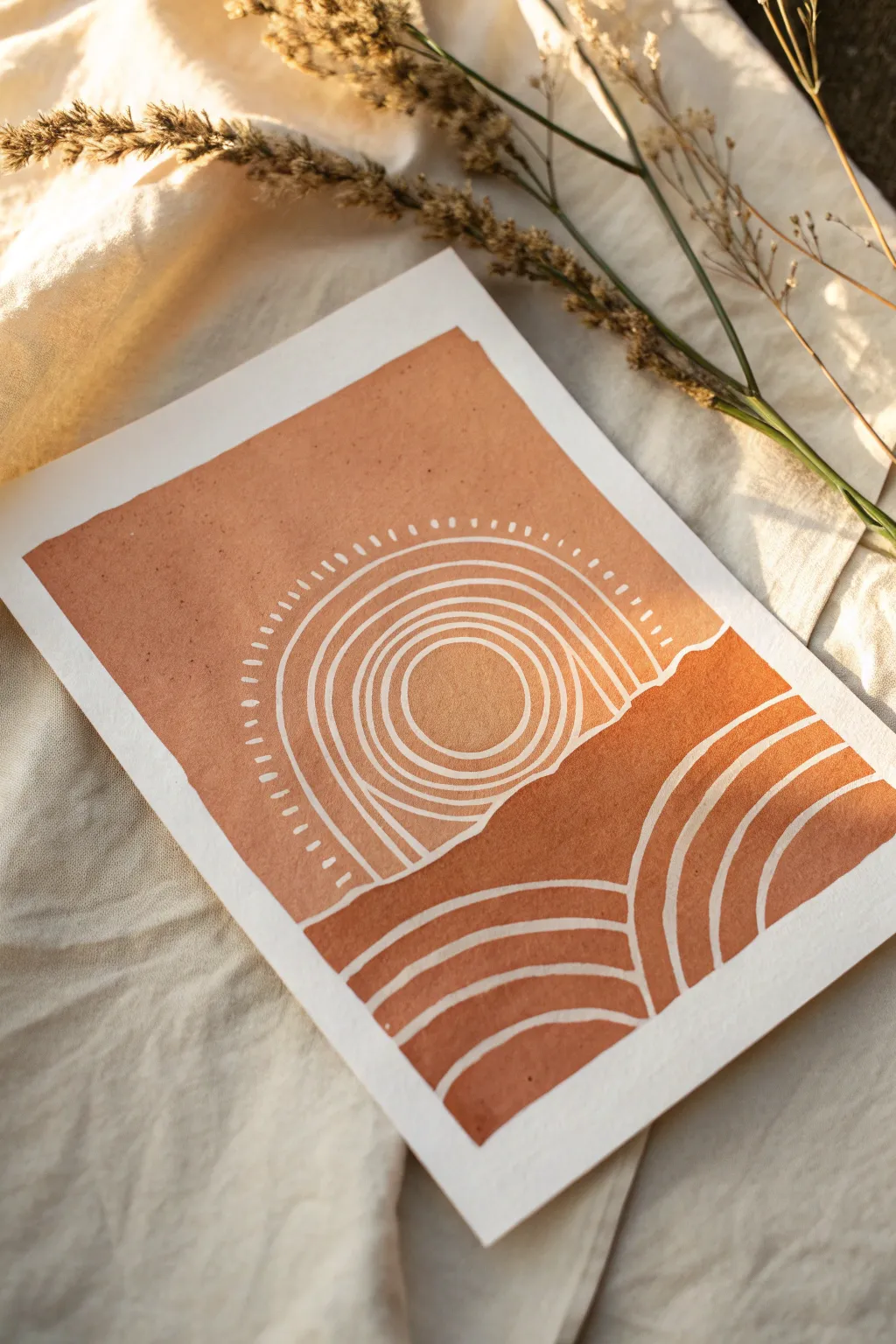 Minimal boho line art: sun and arches on warm terracotta, simple curves with clean contrast