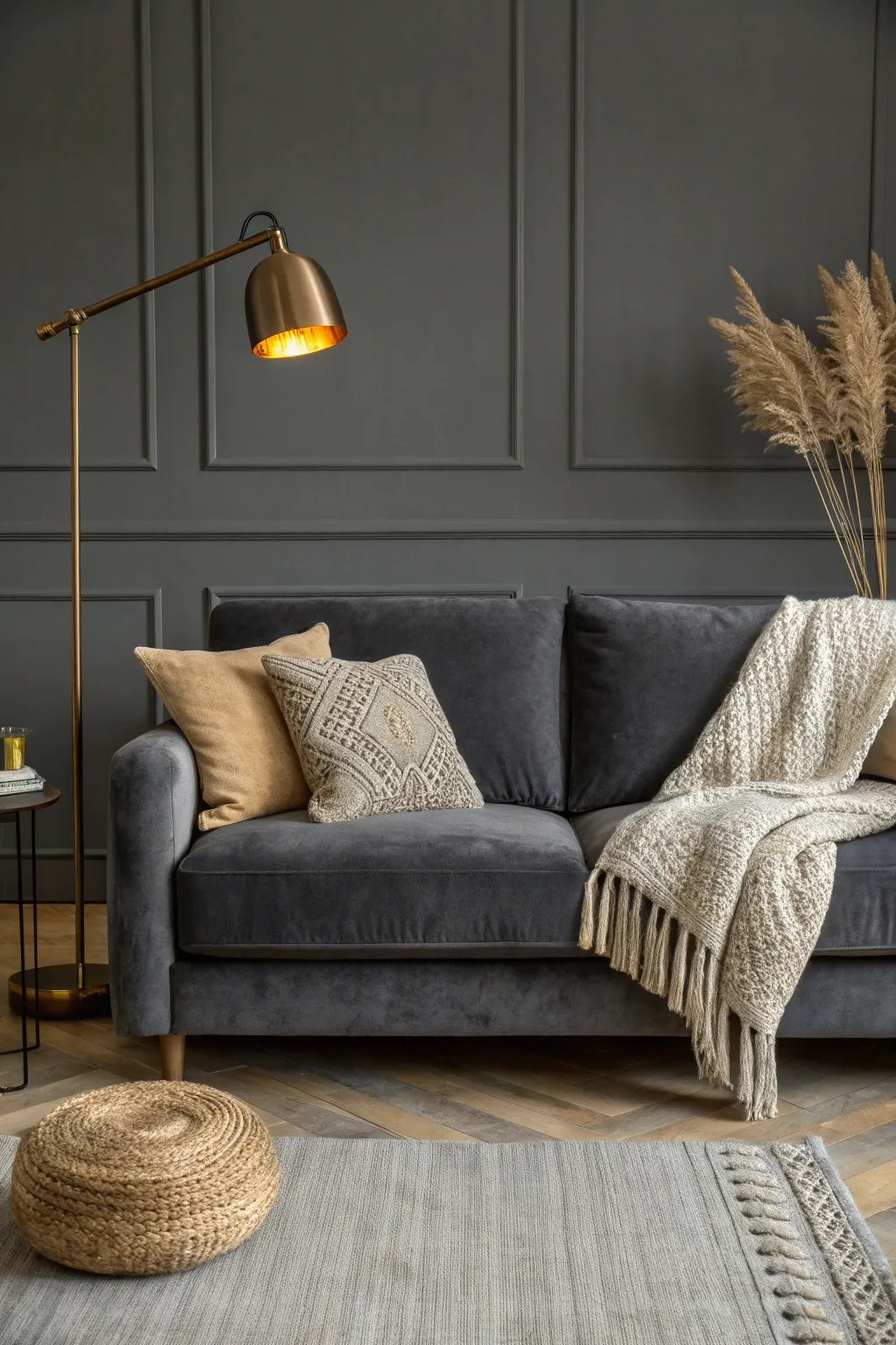 Charcoal gray walls with warm lamplight create a cozy, cocoon-like living room mood.